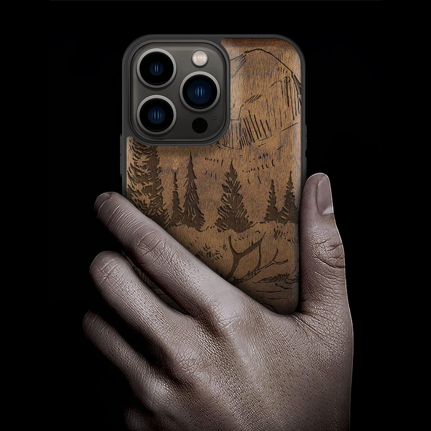 Carveit Magnetic Wood Case for iPhone 13 Pro Case [Natural Wood & Black Soft TPU] Unique Wooden Shockproof Protective Cover Compatible with magsafe (Mountains and Deer -Walnut)