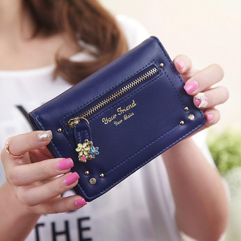 Women's Stylish Long/short Rivet Cute Candy Color Big Capacity Leather Floral Zipper Snap Button Bifold Clutch Bag Wallet Purse Cell Phone Case Cover Billfold Pouch with Multiple Card Slots & Paper Money Pocket & Coin Zipper Pockets Etc. (Square, Dark Blue)