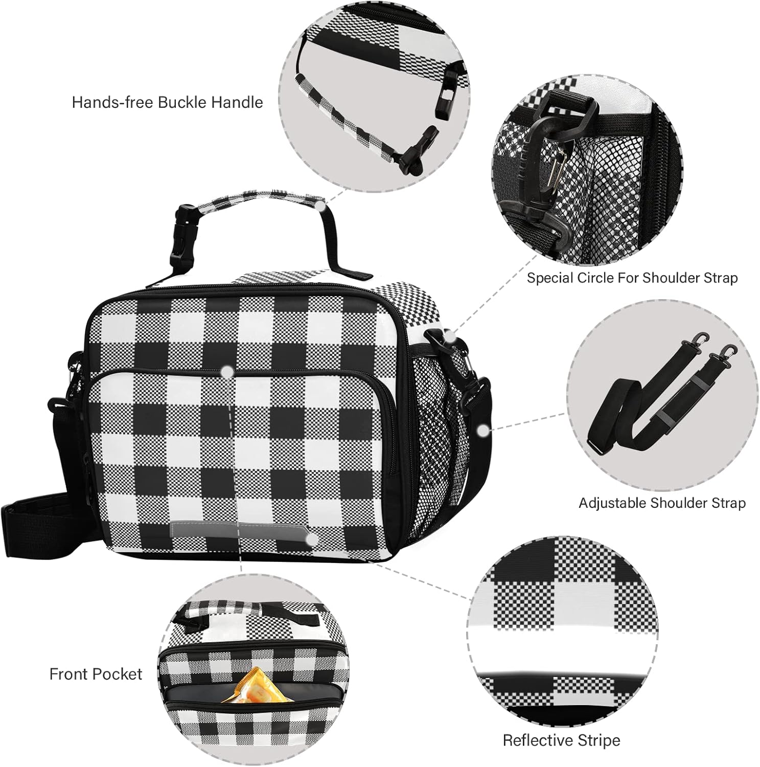 Eionryn Black White Buffalo Plaid Lunch Bags Tartan Check Lunch Box Insulated Cooler Bag Reusable Tote Shoulder Bag for Outdoor Picnic Meal Office