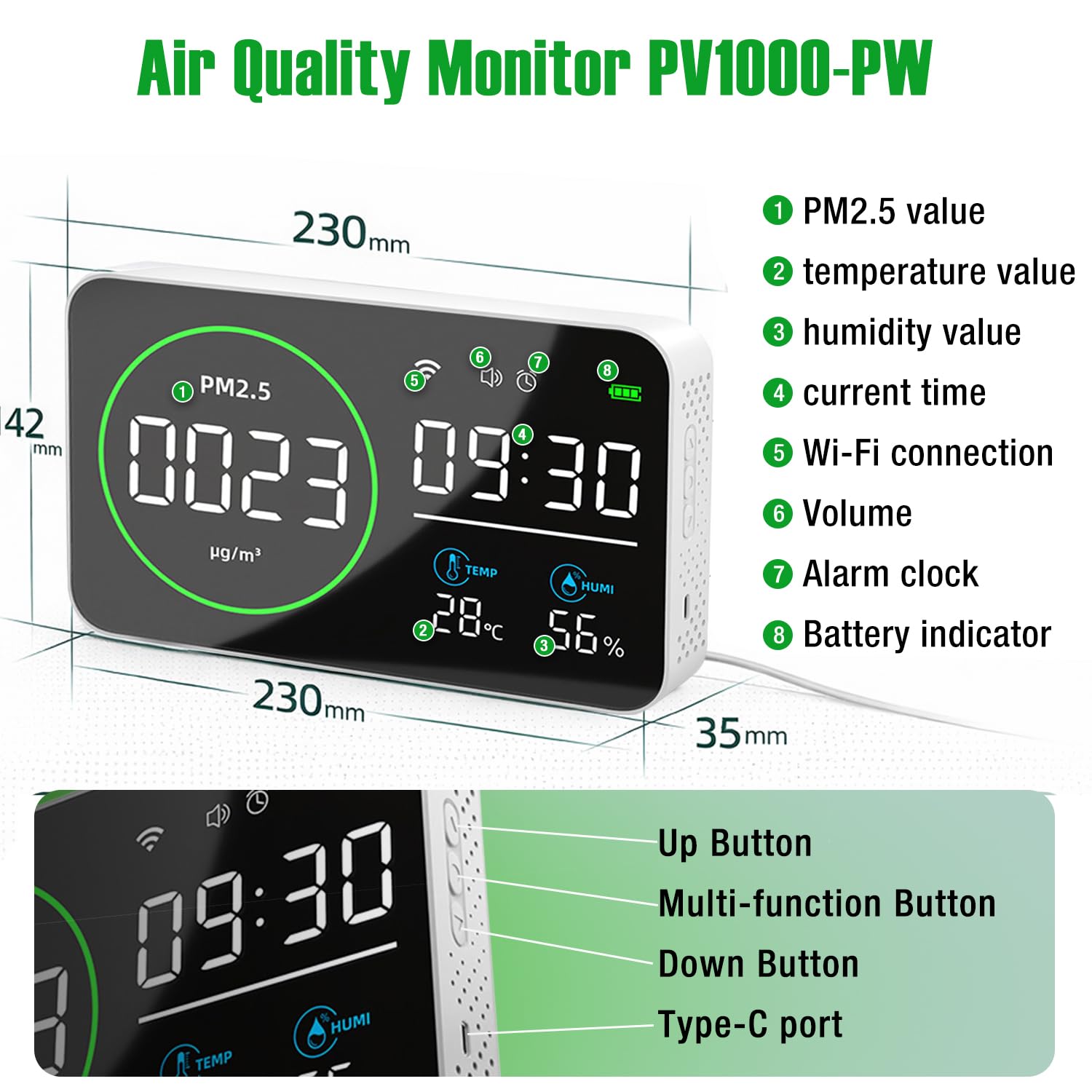 ‌LYCEBELL Medidor de Calidad de Aire Interior con WiFi y App Tuya Smart - Detecta Partículas PM2.5, Temperatura y Humedad en Tiempo Real con Alarma y Registro, para Hogar, Oficina y Dormitorio‌