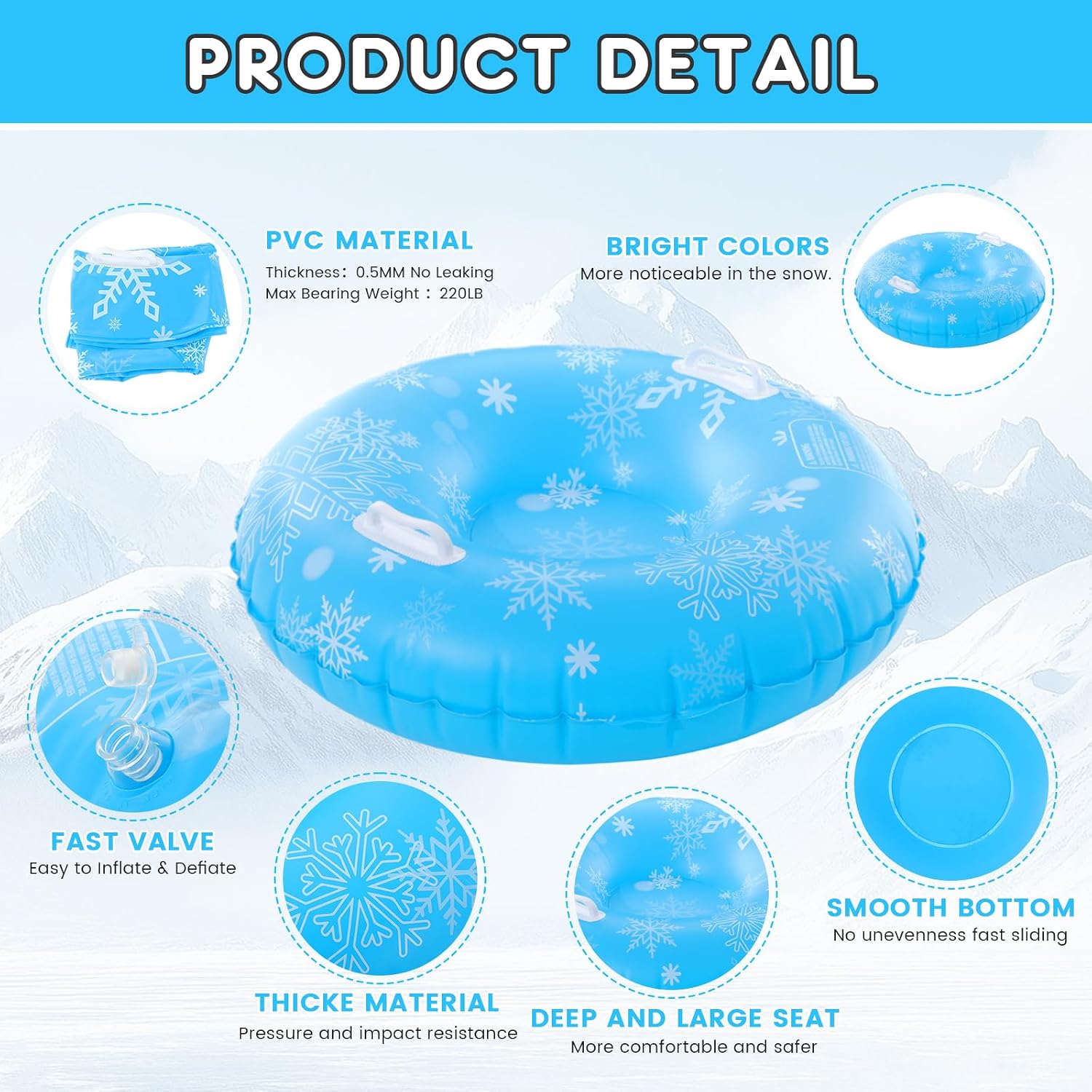 Shappy 4 Pcs Snow Tube 36 Inch Inflatable Snow Sleds Heavy Duty Sleds Adults for Winter Outdoor Sports Toboggan with Handles Thickened Bottom