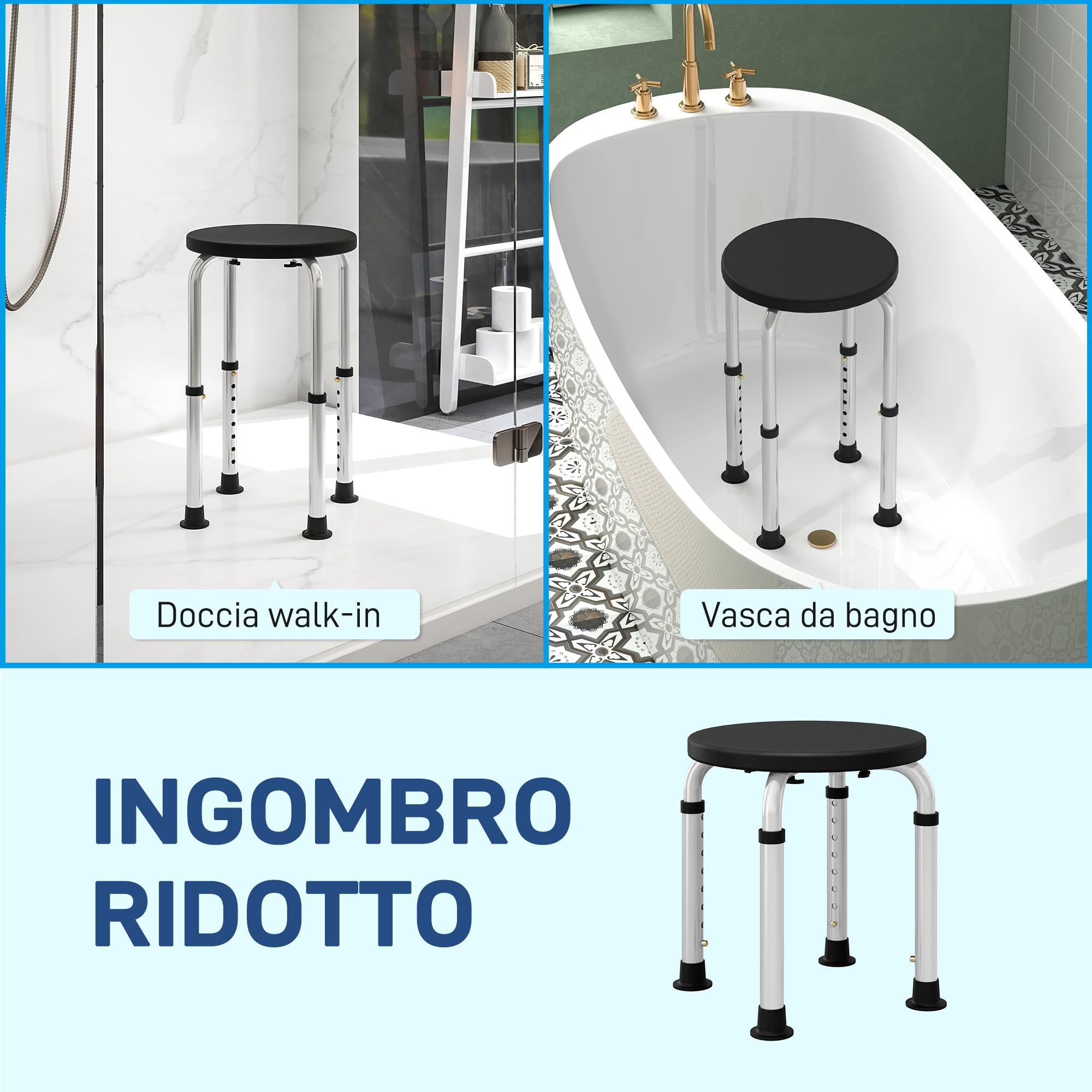 HOMCOM Sgabello da Doccia Girevole a 360° con Piedini Antiscivolo e Regolabile in Altezza su 8 Livelli, Sgabello per Doccia in Alluminio e PE, 32.5x41x35.5-54 cm, Nero