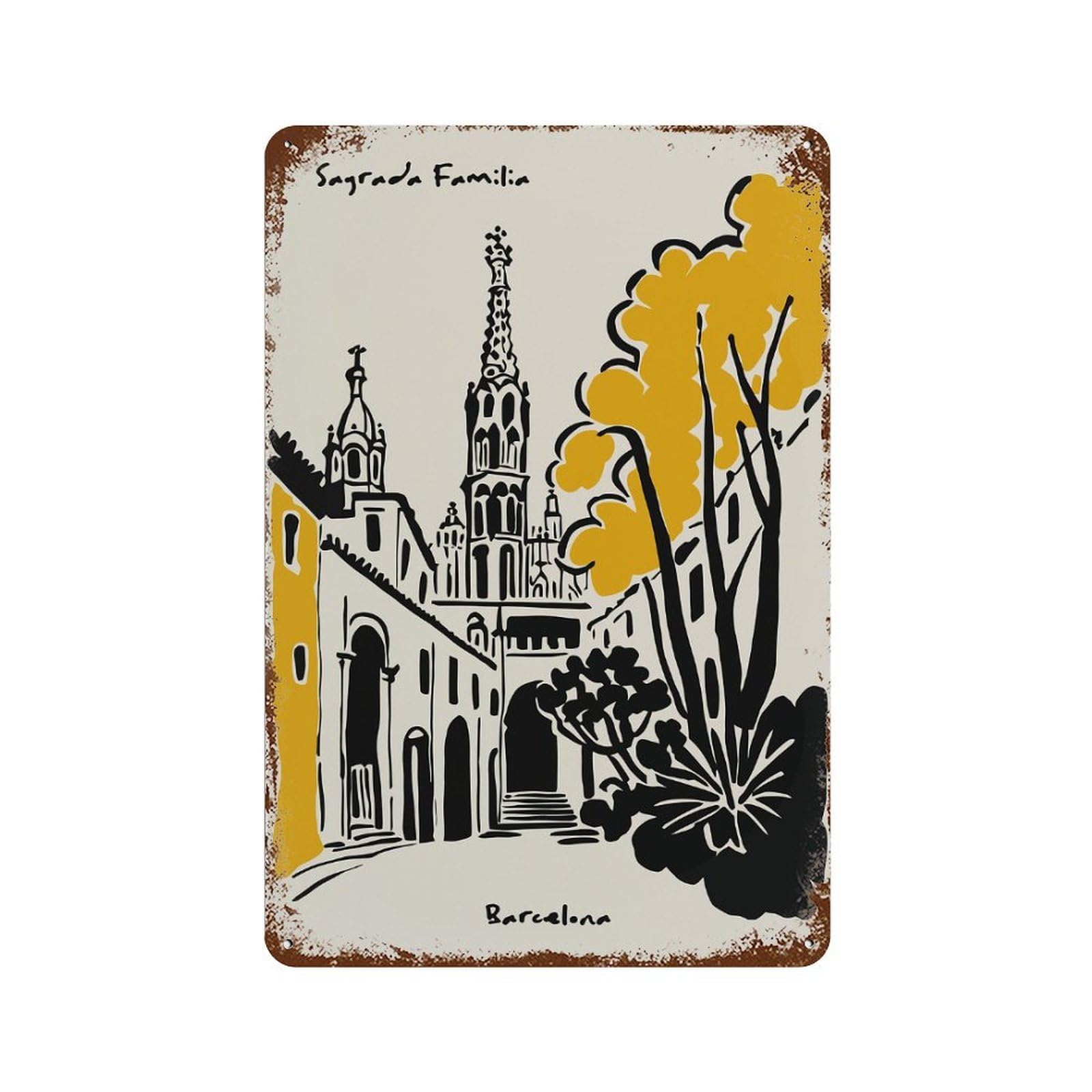 Sagrada Familia Barcelona Illustration 11.8"x7.9" Retro Metal Sign, Vintage Wall Decor for Office, Studio And Wall Decor
