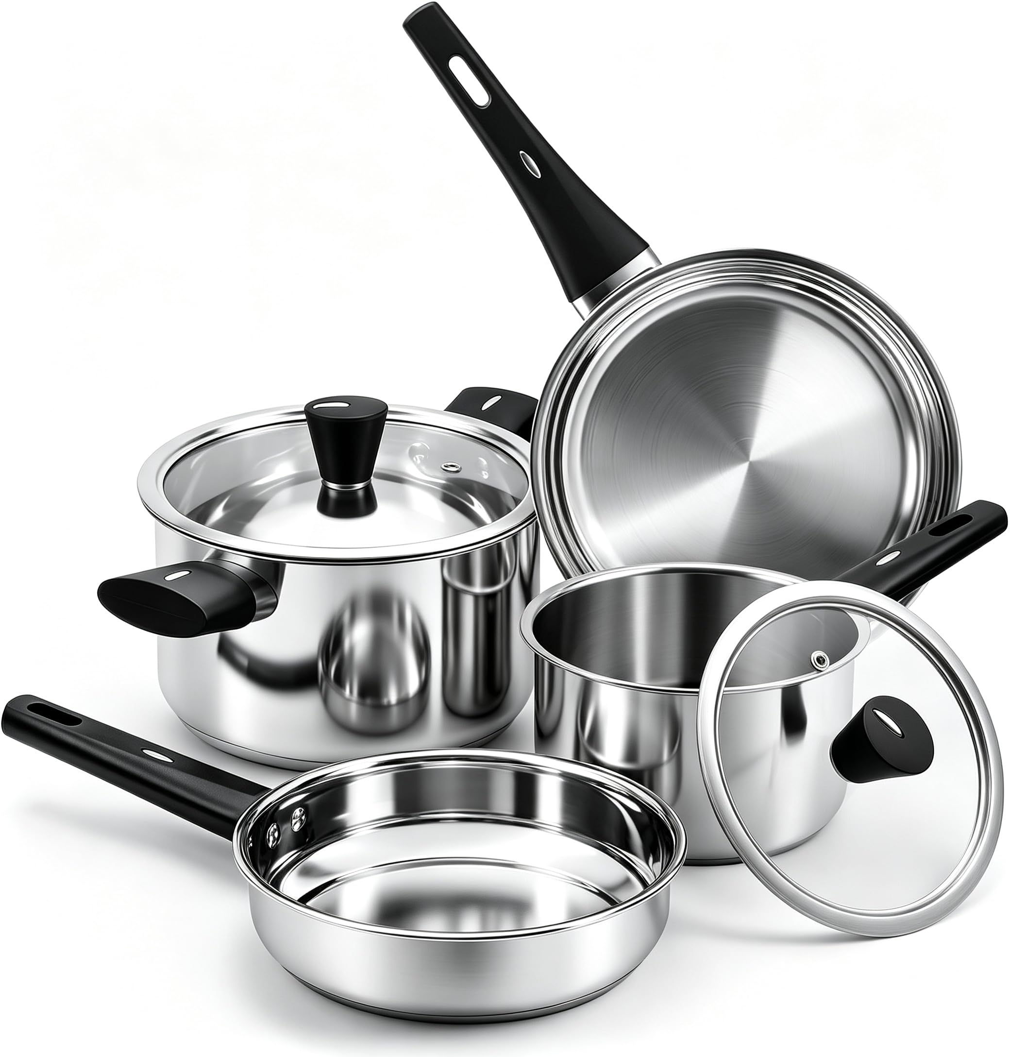 Set di 6 pentole in acciaio inox, set di pentole a induzione, con coperchio, versatile, per tutti i piani cottura, lavabili in lavastoviglie, non rivestite, per una cottura sana