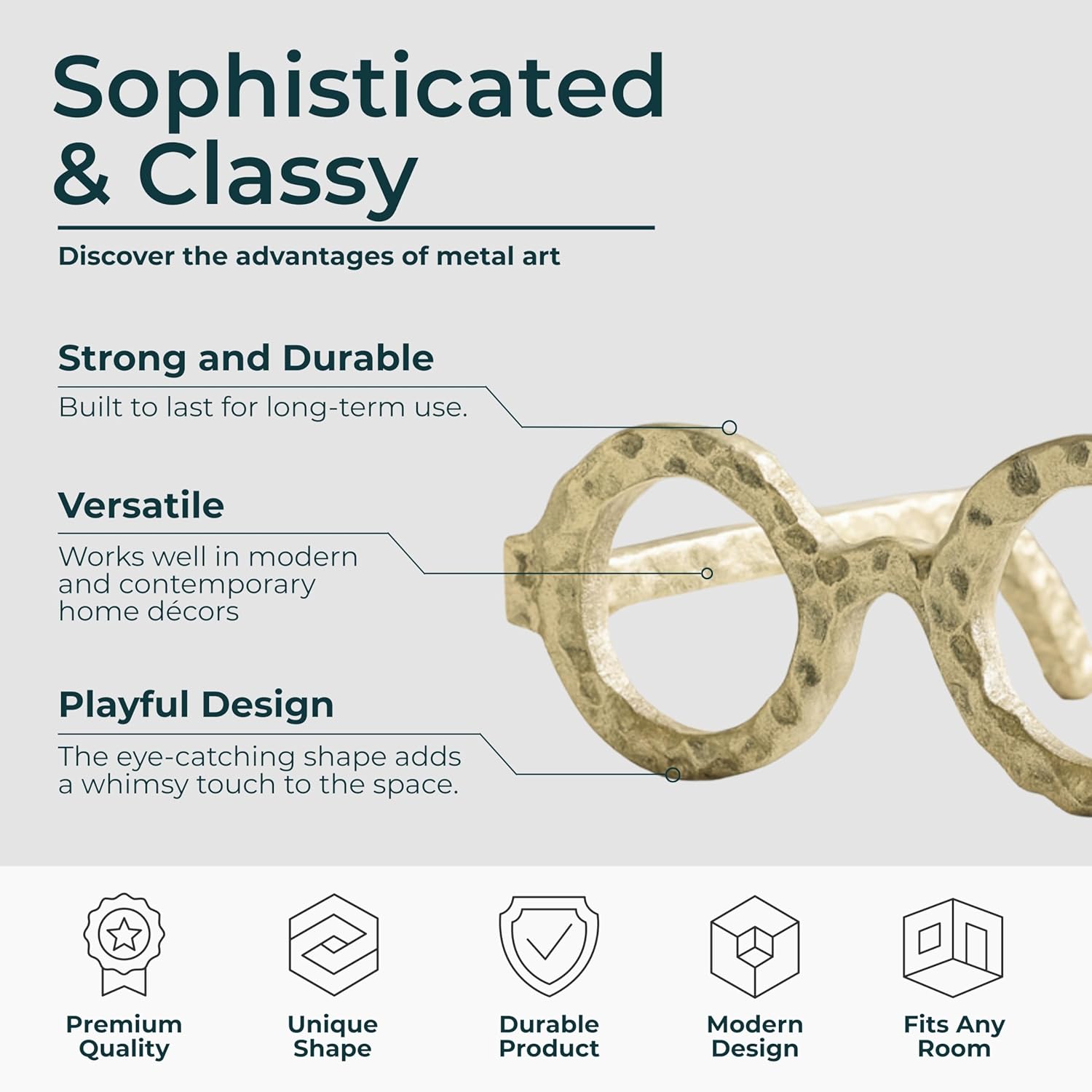 Round Glasses Decorative Object – Aluminum Sculpture Modern Home Decor Ornament – Shelf Styling & Coffee Table Decor for Bathroom, Office & Living Room – 7"x3", Gold