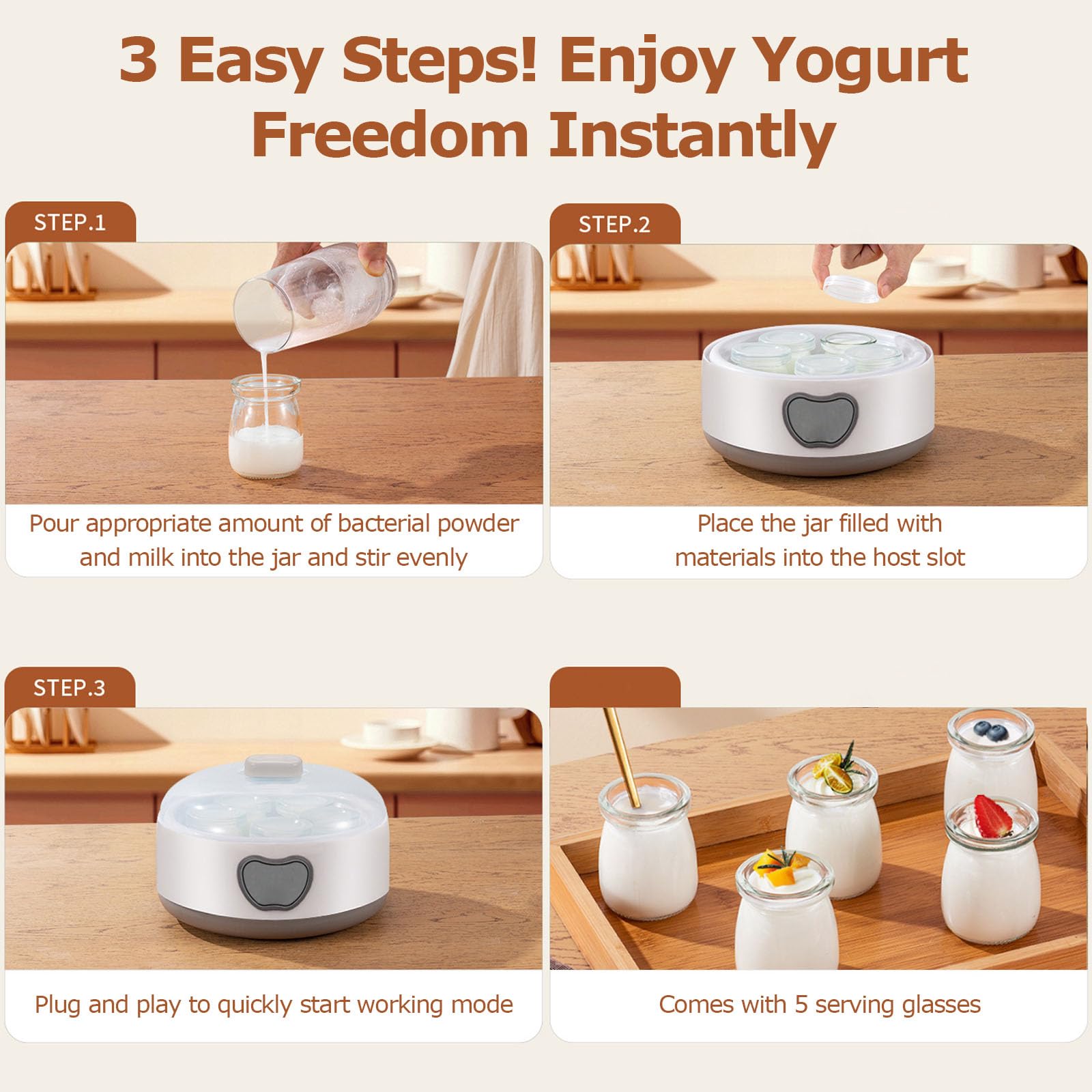 Yogurtera Automática de 1,2 L con 5 Vasos para Servir, Control de Temperatura y Temporizador Ajustable para Queso, Fruta, Vino, Hogar, Cocina, Desayuno, Merienda