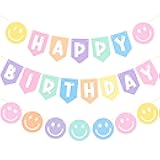 Pastel Birthday Party Banner Preppy Birthday Decorations 3Pcs Macaron Color Birthady Party Hanging Banners Smile Face Theme Banners for Pastel Theme Party Baby Shower Supplies