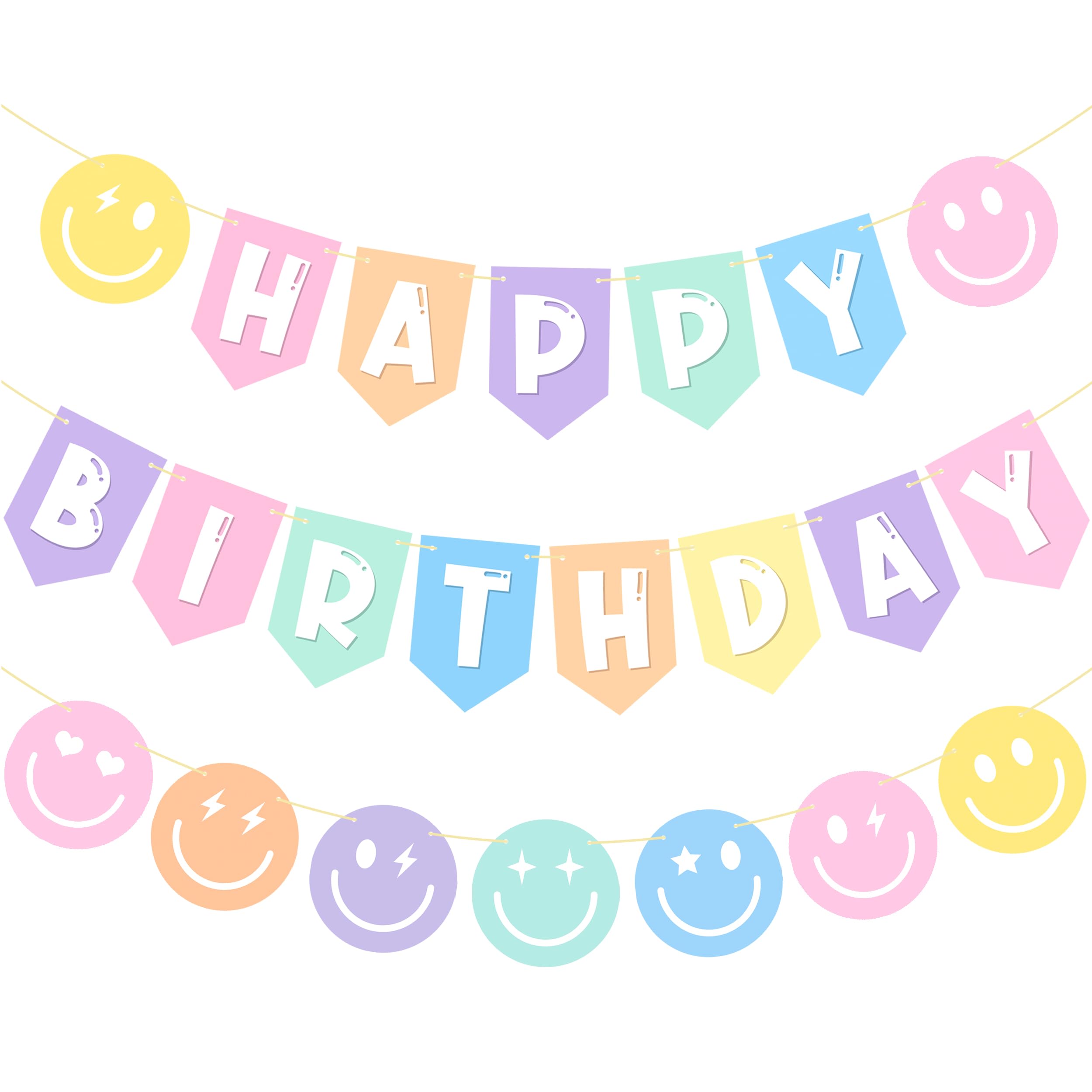 Pastel Birthday Party Banner Preppy Birthday Decorations 3Pcs Macaron Color Birthady Party Hanging Banners Smile Face Theme Banners for Pastel Theme