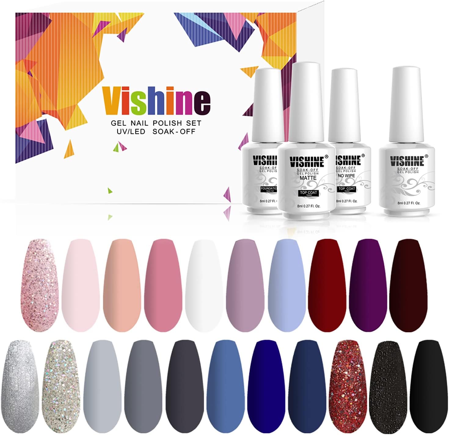 Vishine 24 Pcs Gel Nail Polish Kit, Stunning Mix Color Collection Soak