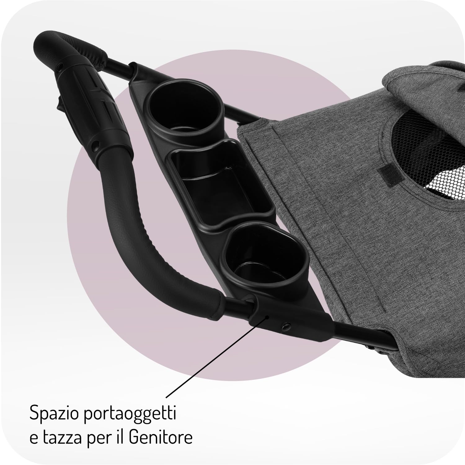 Passeggino MoMi ISLA, adatto dal sesto mese di vita fino a 15 kg, con cinture a 5 punti, cestino, coprigambe, portabicchieri, vassoio per snack e borsa per pannolini