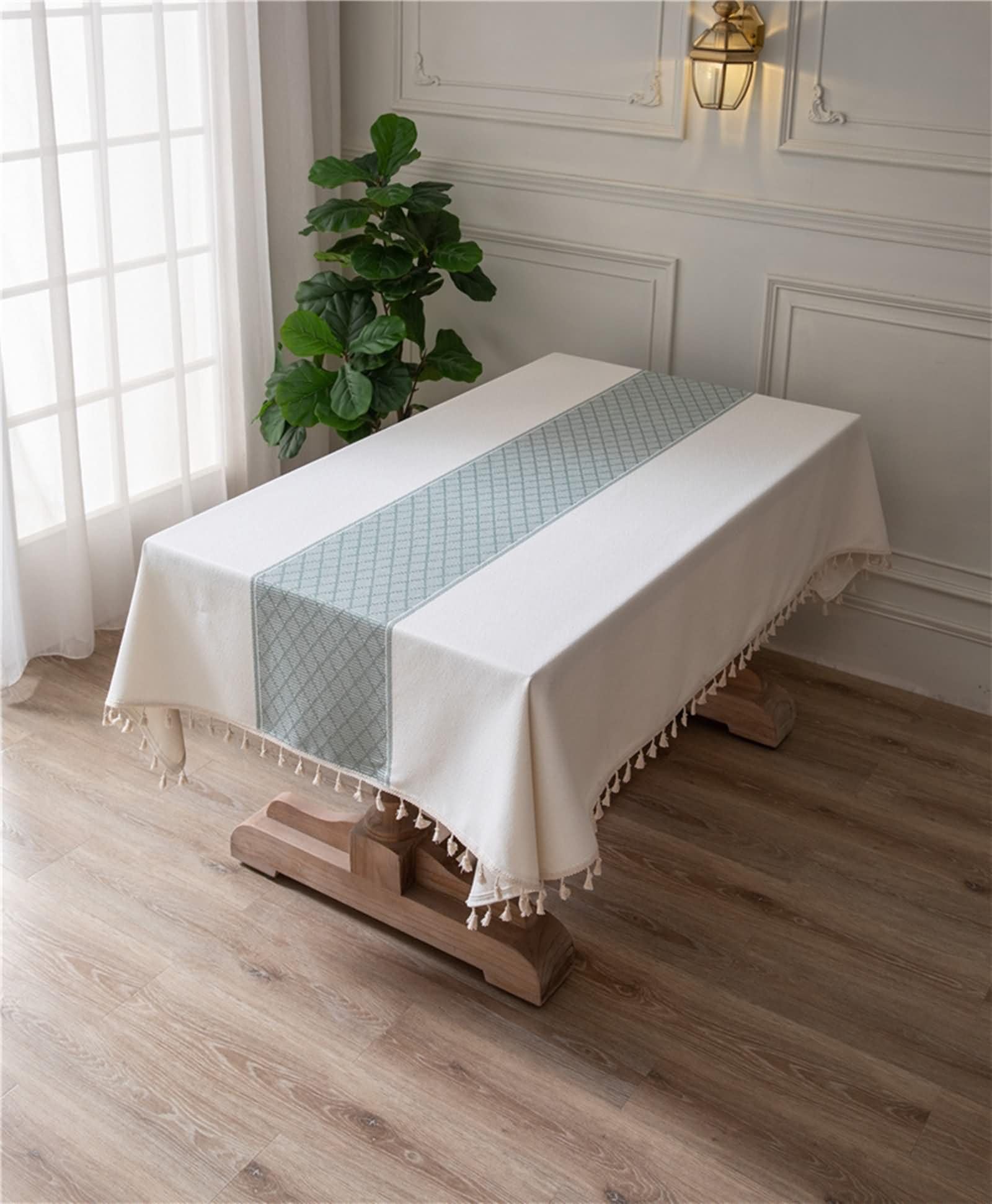 Mantel Moderno Rectangular Blanco, Patrón de Rombos con Borlas, de Poliéster y Algodón Suave, 140 x 220 cm, Mantel para Mesa de Centro
