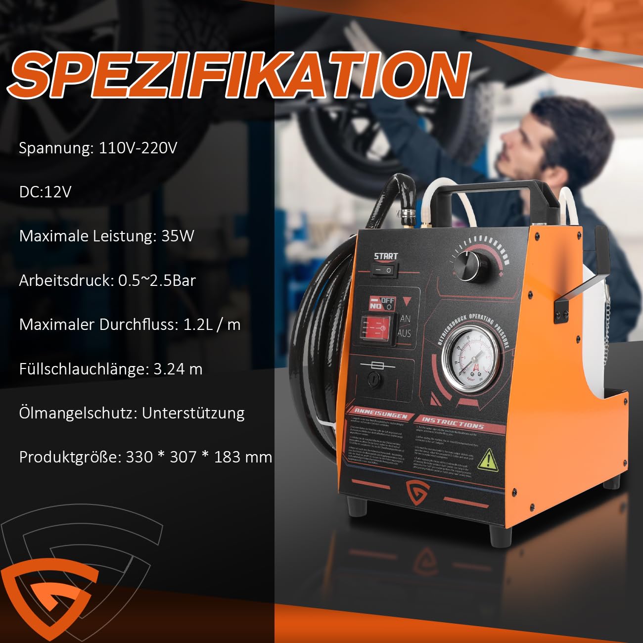 GEARMONSTER KFZ Bremsenentlüftungsgerät 220V Auto-Bremsenentlüfter mit Drucküberwachung Elektrisch Bremsenentlüftungsset Bremsflüssigkeitswechsel-Set, 0.5~2.5Bar Einstellbarer Druck