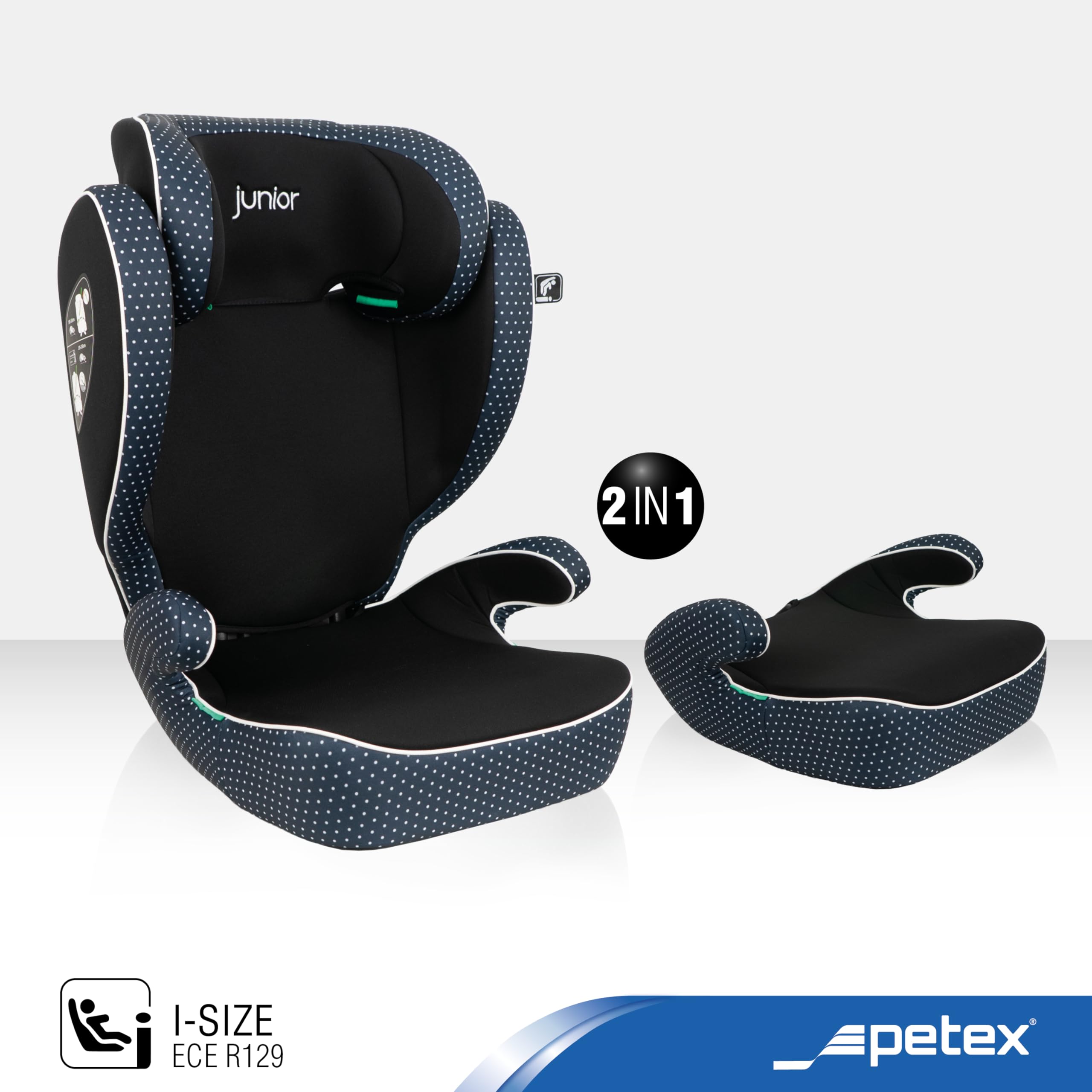 PETEX Fotelik samochodowy Basic i-Size zgodny z ECE R129 dla dzieci w wieku ok. 100-150 cm, regulowana wysokość fotelika samochodowego w kolorze niebieskim, 1 sztuka