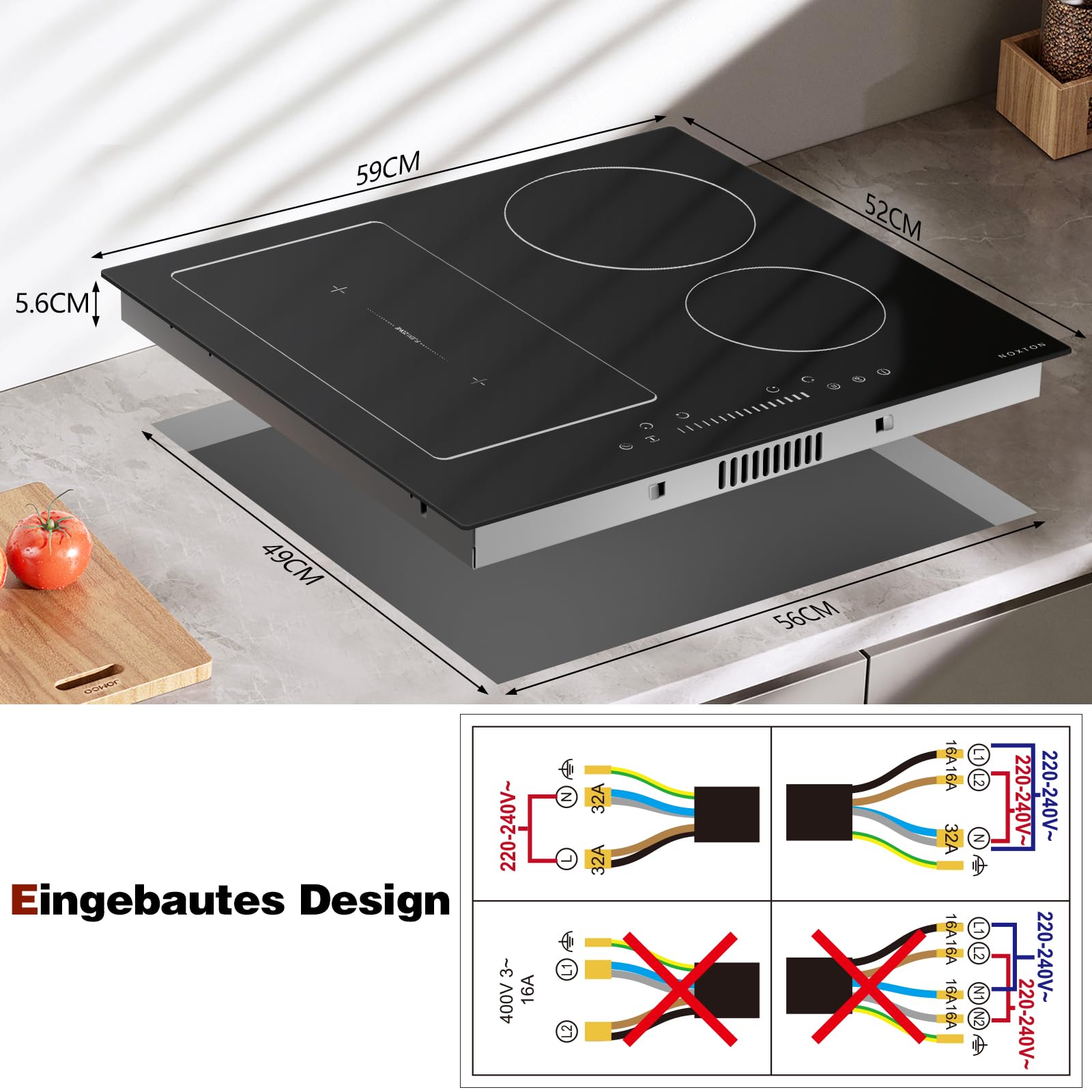 NOXTON Induktionskochfeld 60 cm, Autarkes Induktionsfeld 4 Platten, 7200W | Flexzonen, Kochfeld Induktion mit Schieberegler, Booster, Timer, Kindersicherung, 220V-240V, kein Stecker