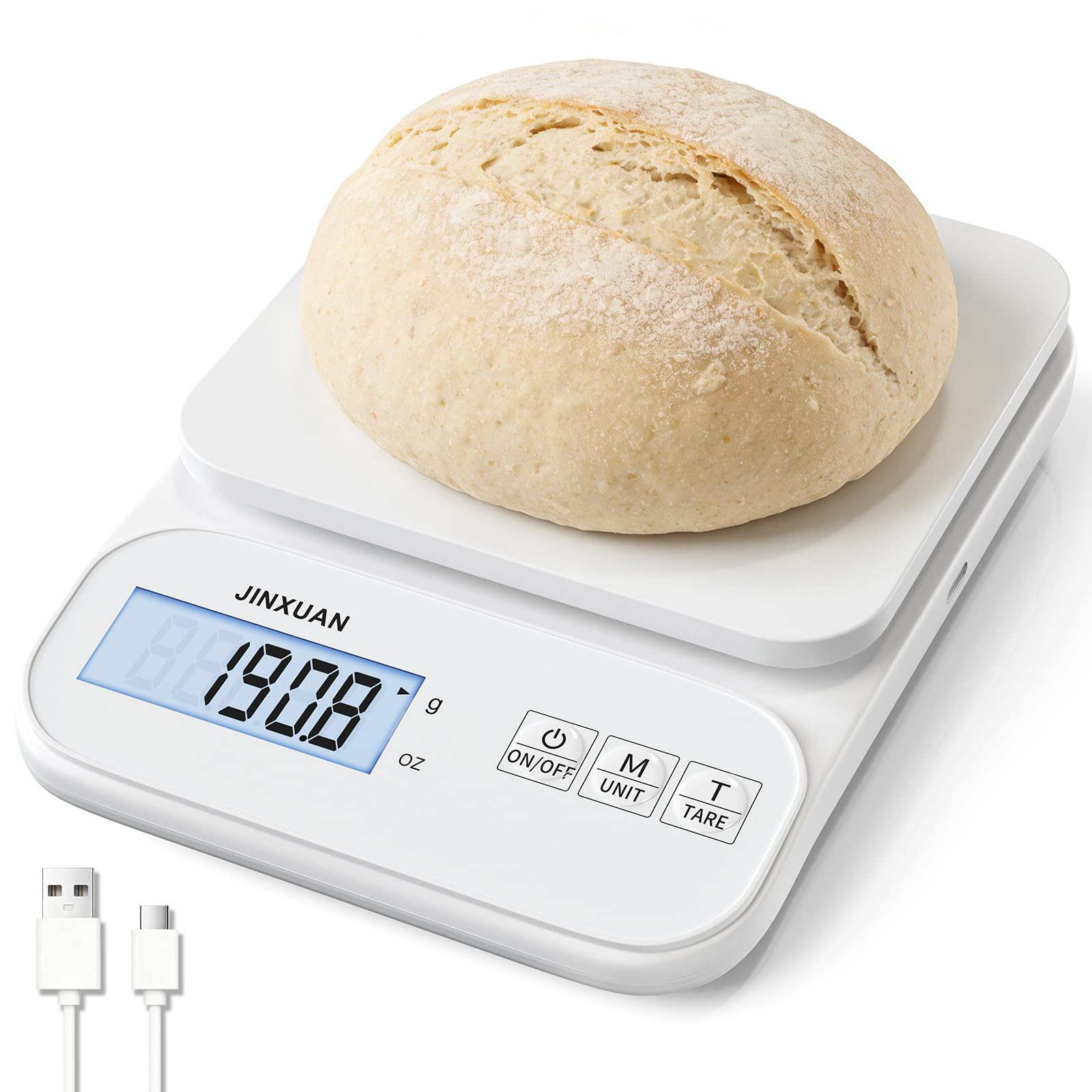 Küchenwaage, 5 kg/0,1 g, präzise wiederaufladbare digitale Waage, Gramm, Lebensmittelwaage für Küche, großes LCD-Display zum Backen, Kochen, Weiß