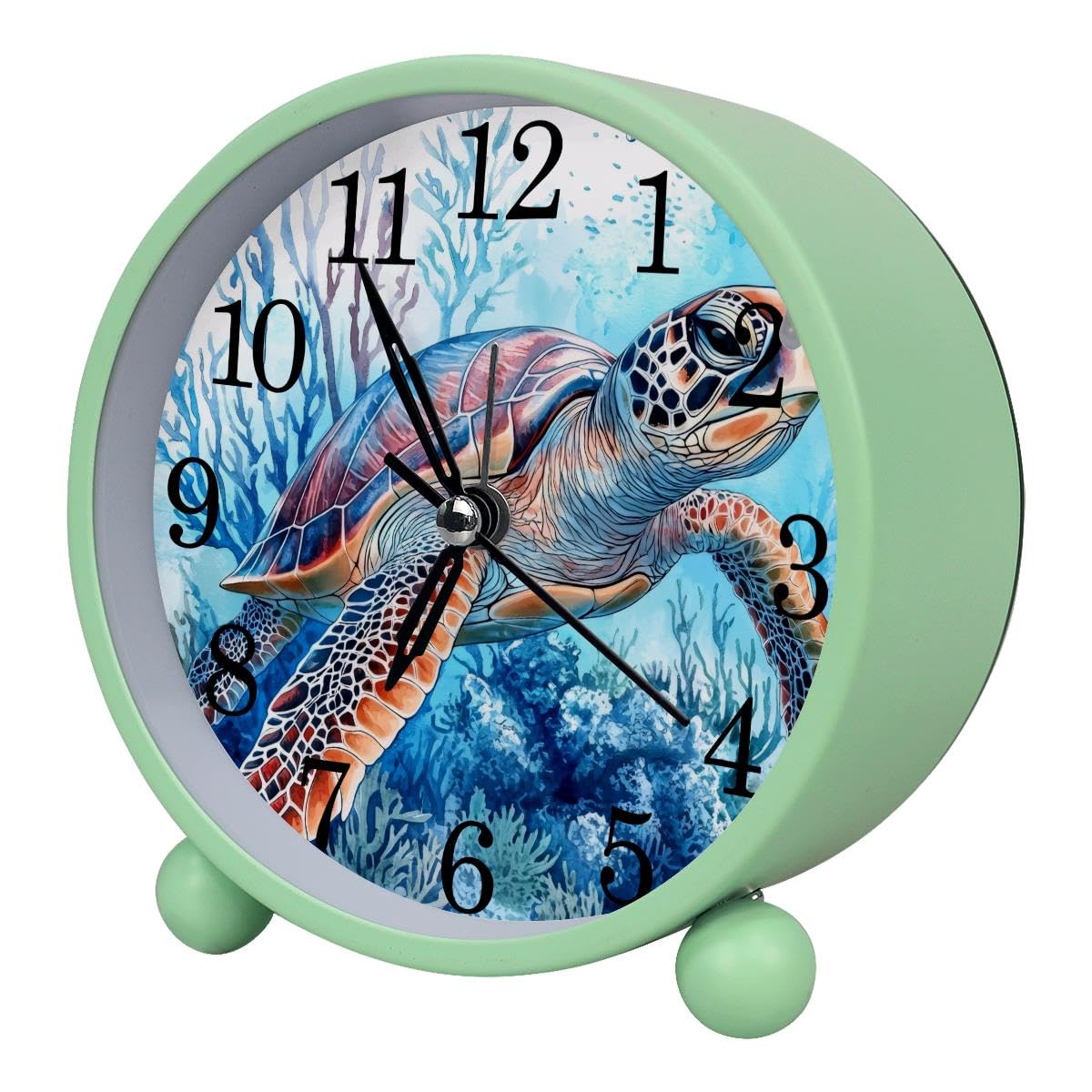Luoweisi Alarm Clock Turtle Watercolor, Silent Non-Ticking with Night Light, Round Metal Alarm Clock for Office, Battery Operated, Bedroom, Elderly, Adults, Children, Student Gifts