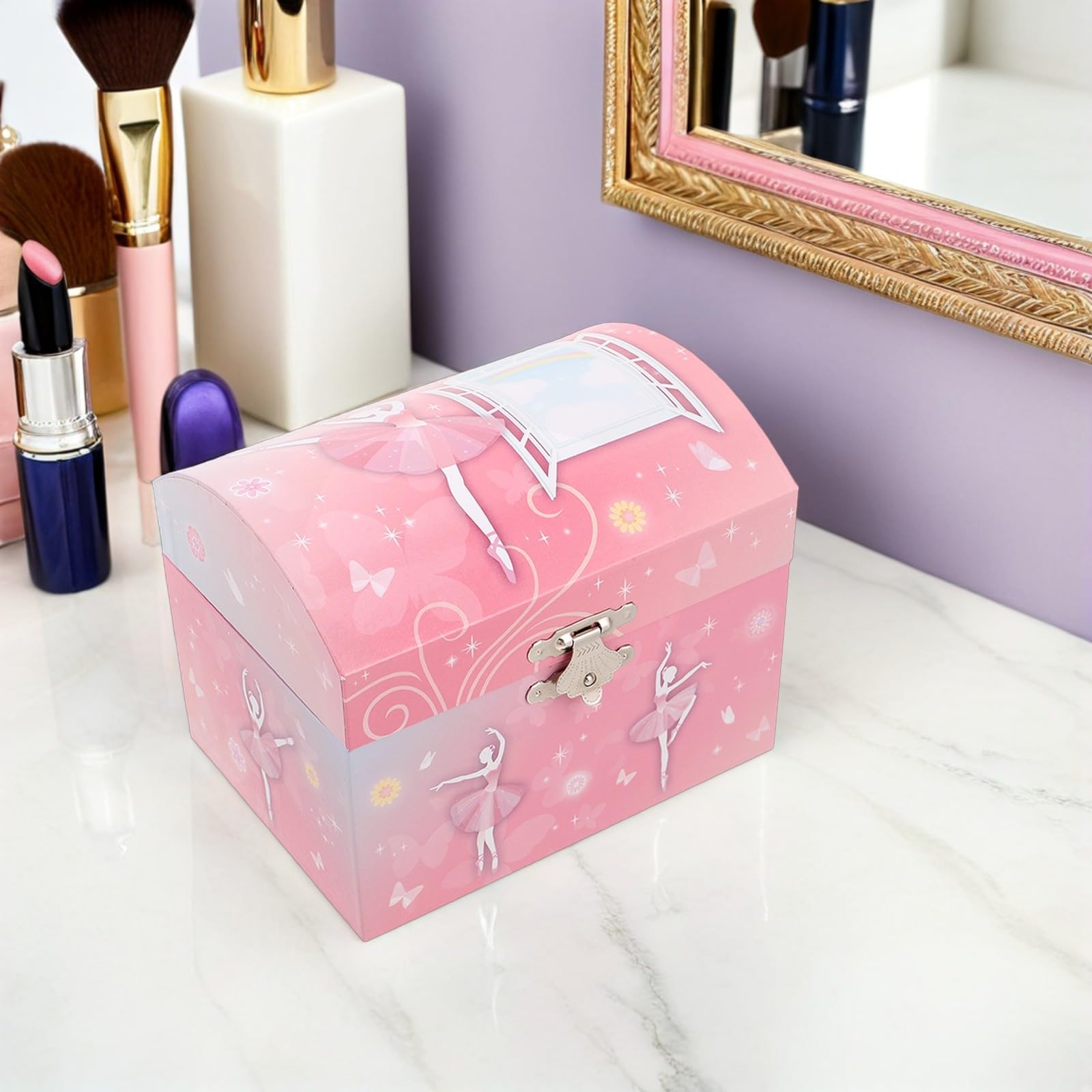 Mikikit Joyero Musical de Bailarina Rosa con Espejo y Compartimentos, Caja de Música Infantil para Guardar Joyas, Obsequio Adecuado para Cumpleaños y Navidad