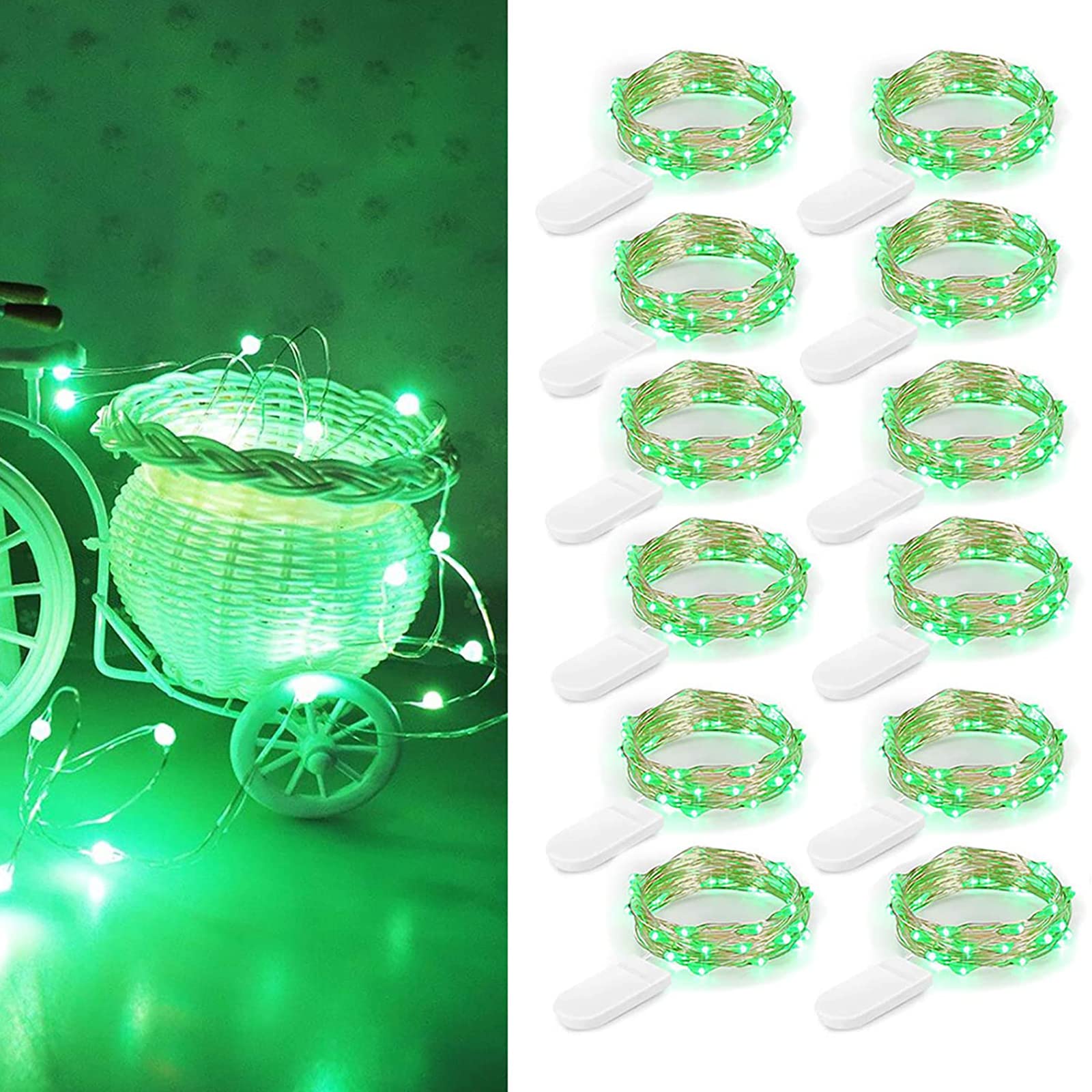 Guirnalda de luces con pilas, 12 unidades, 2 m, 20 ledes, impermeables, para dormitorio, boda, decoración de Navidad, color verde