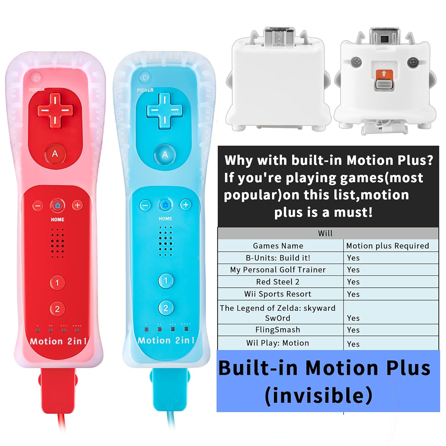 DTianSir 2Pack Motion Plus Wii Remote Controllers with Nunchucks,Wii Remote Controllers with Built in Motion Plus Compatible for Wii U Consoles(Red&Light Blue) - Image 5