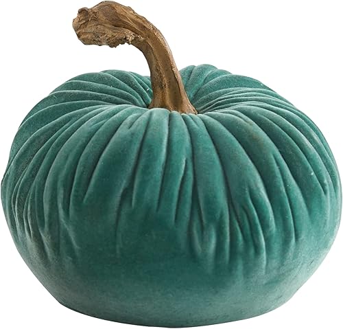 Stratton Home Decor Granja decorativa de otoño pequeña aguamarina flocada tela calabaza - Encantador acento de temporada