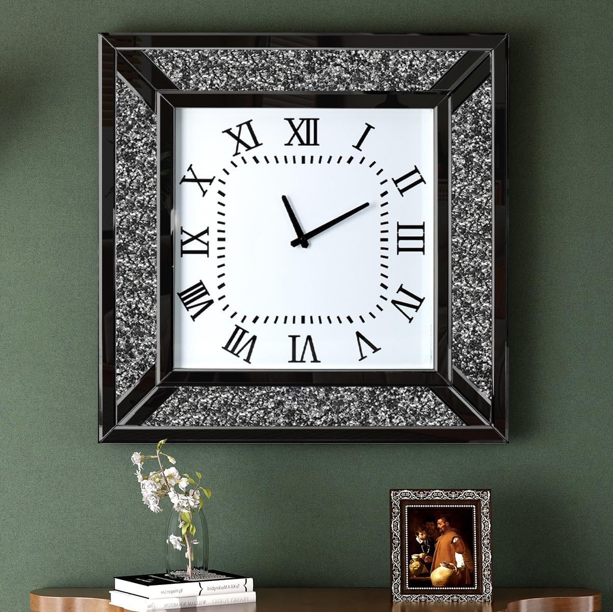 SHYFOY Deorative Wall Clock, Mirrored Clock for Wall Living Room Decor, Crushed Diamond Home Decor, 24 inch Large Wall Clock, Black Modern Clocks