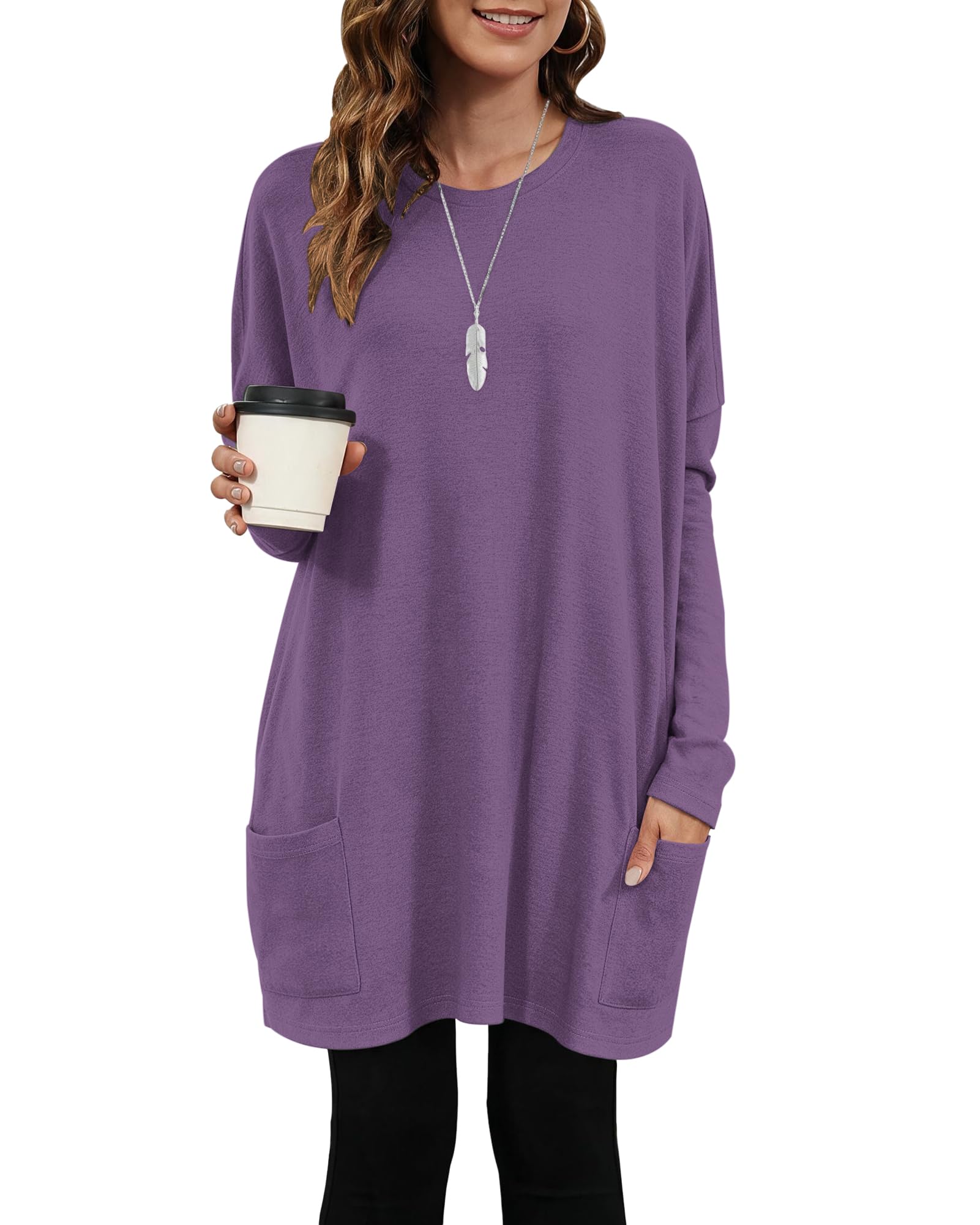 AUSELILY Longpullover für Damen Langarmshirt Lang Oversized Rundhalsausschnitt T-Shirts Sweashirt Tunika Damen Pulli Long-Shirt Kleid mit Taschen