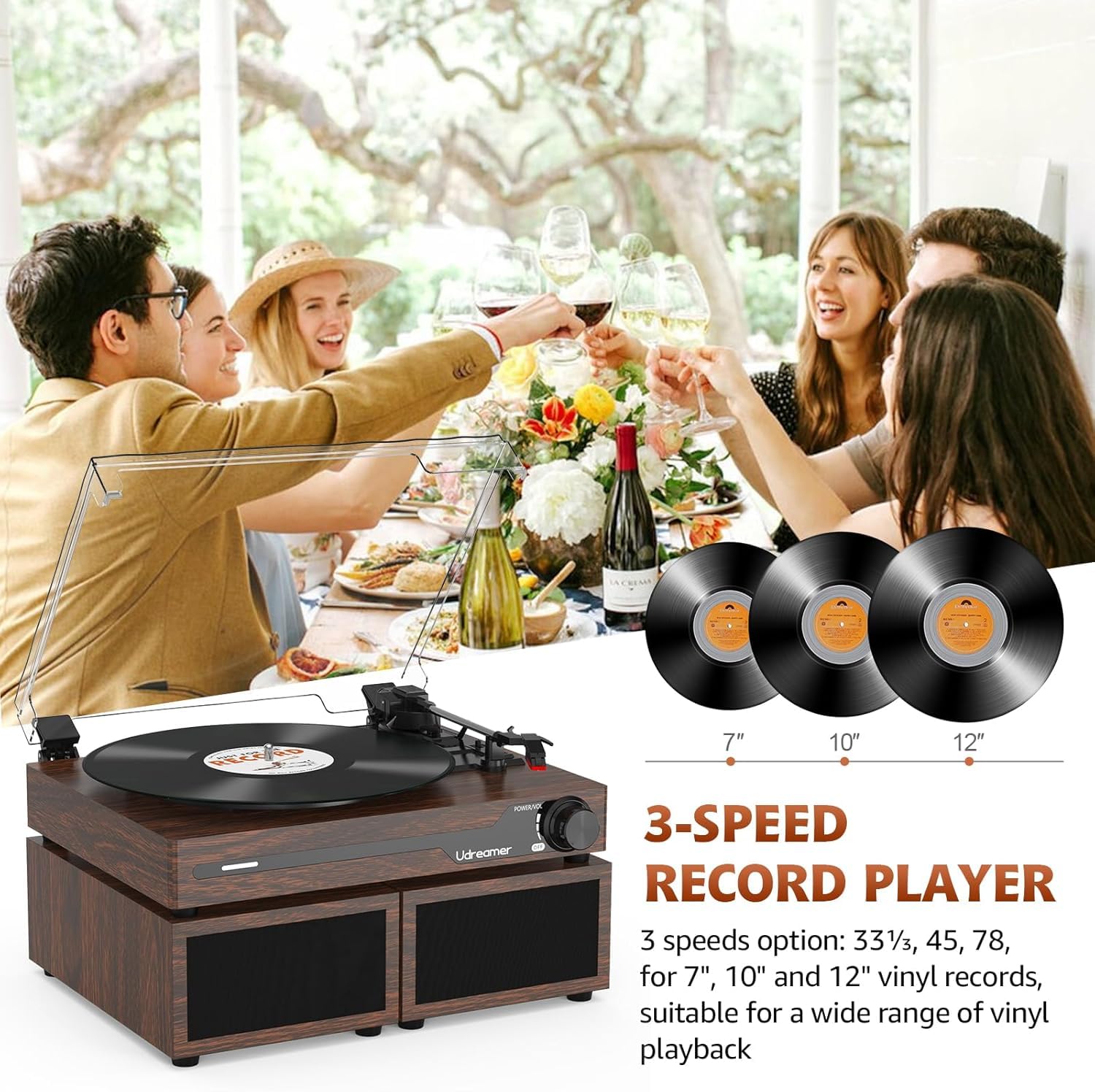 Udreamer Giradischi con 2 altoparlanti stereo doppio, giradischi vintage Bluetooth 5.3 supporta 3 velocità, AUX-In, RCA Line, USB, riproduzione wireless, noce