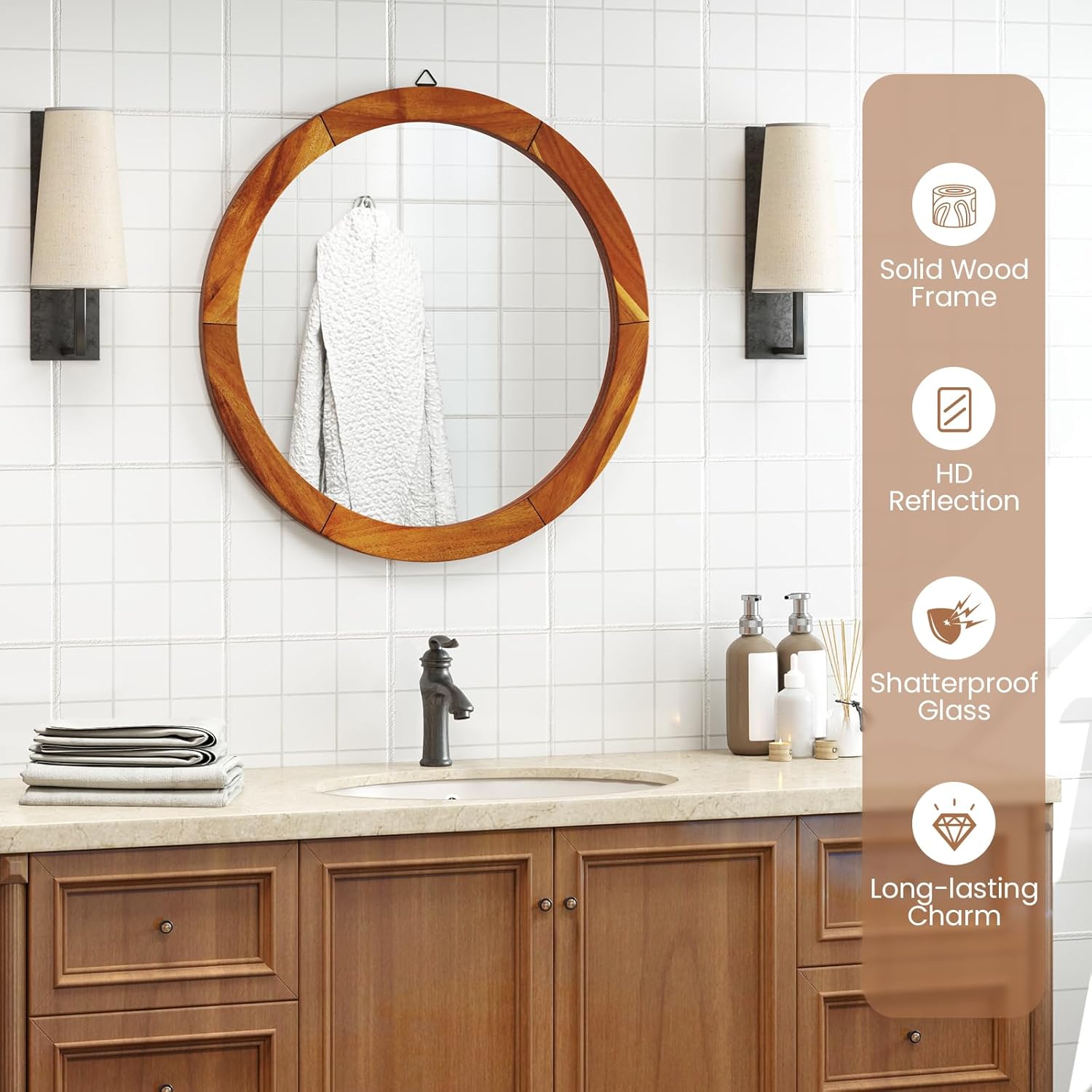 Tangkula Arched Wall Mirror, Rustic Solid Acacia Wood Frame, Farmhouse Decorative Mirror for Living Room, Entryway, Bedroom, or Bathroom (27" L x 27" W)