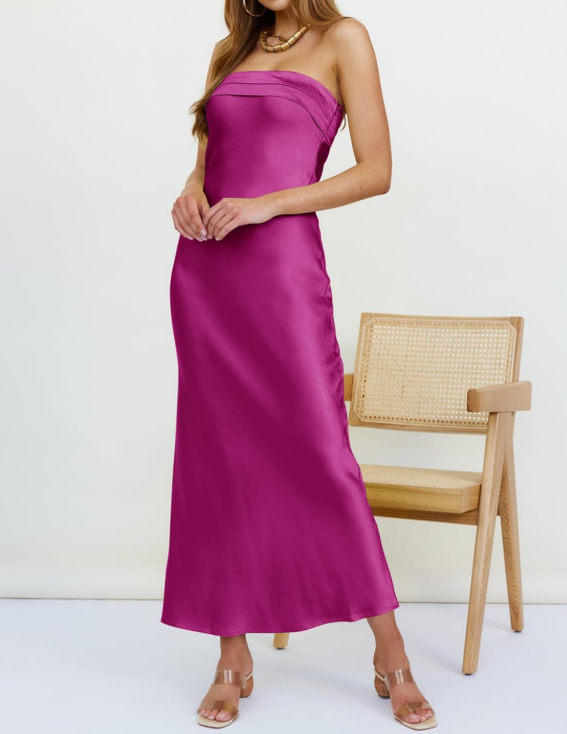 MEROKEETY Women's Cocktail Dresses Summer 2026 Satin Strapless Tube Bodycon Backless Wedding Guest Formal Party Maxi Dress - Image 4