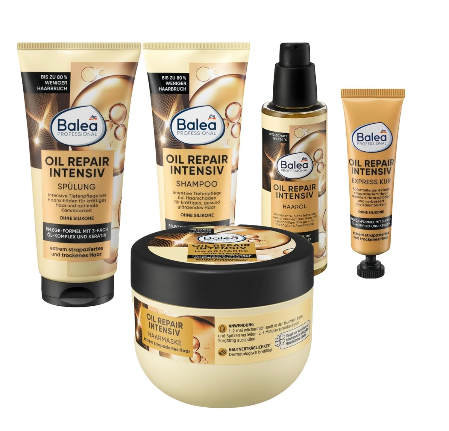 Balea 5er-Set Haarpflege: Shampoo, 250 ml+Spülung 200 ml+Haarkur 300ml+Express Kur Oil Repair Intensiv 20 ml+Haaröl 100 ml