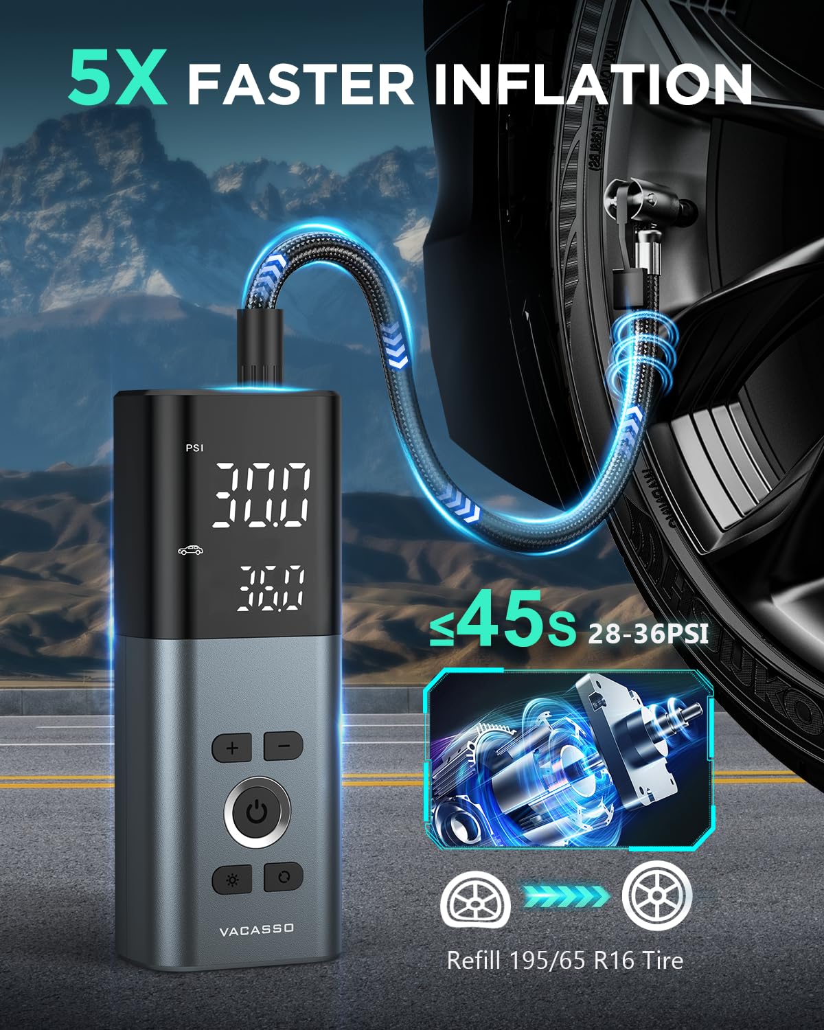 Reifenfüller Tragbarer Luftkompressor, 5X Schnelleres Aufpumpen Taschenluftpumpe für Autoreifen, Kabellose Reifenpumpe für Auto, SUV, Motorrad, Fahrrad, Bälle mit LED-Manometer, Grau