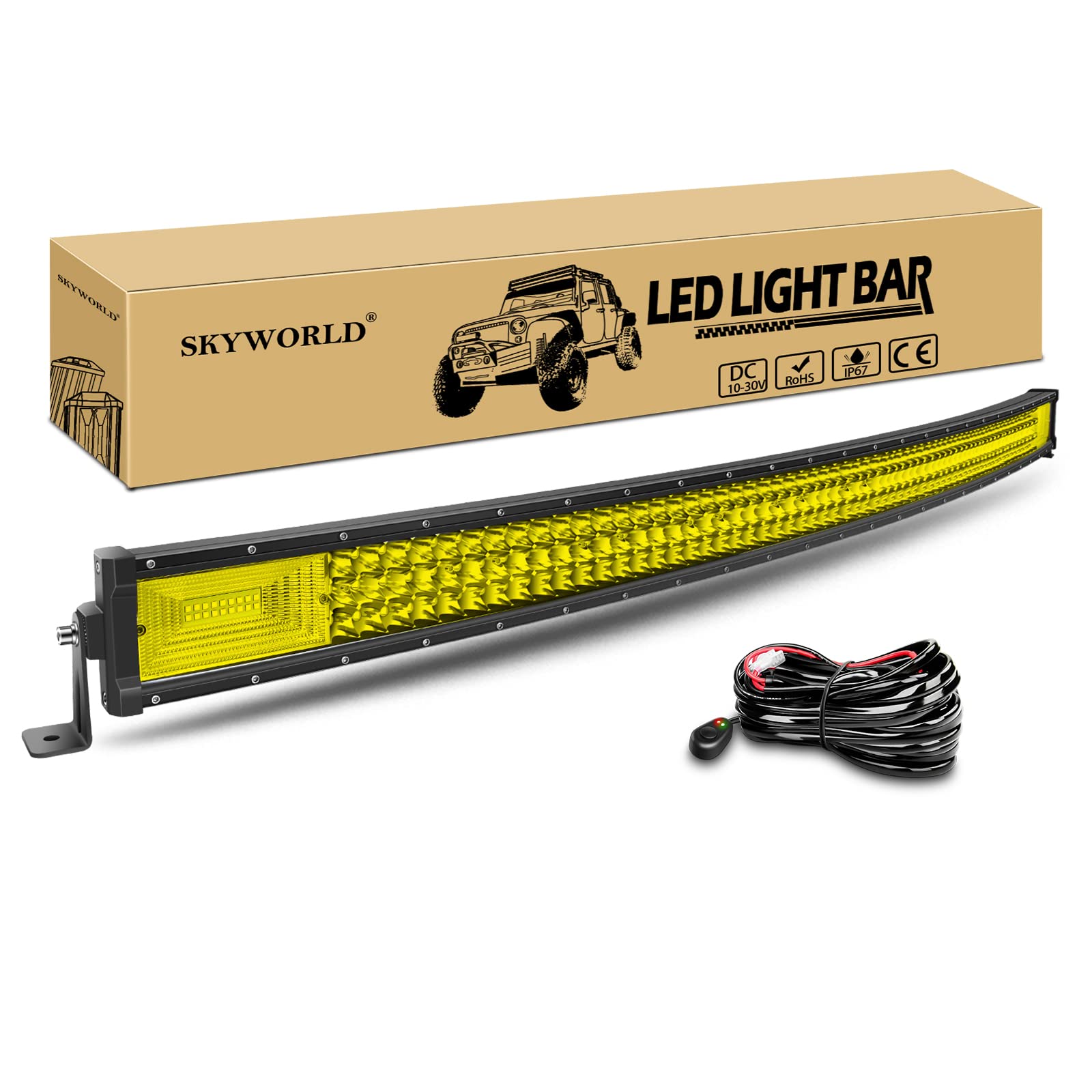 SKYWORLD 52 inch 675W LED Light Bar, Curved Yellow Amber Flood Spot Combo Beam Work Driving Fog Lights with Wiring Kit for Polaris RZR Car ATV UTV SUV Truck Boat Offroad Vehicles 4x4 12V 24V