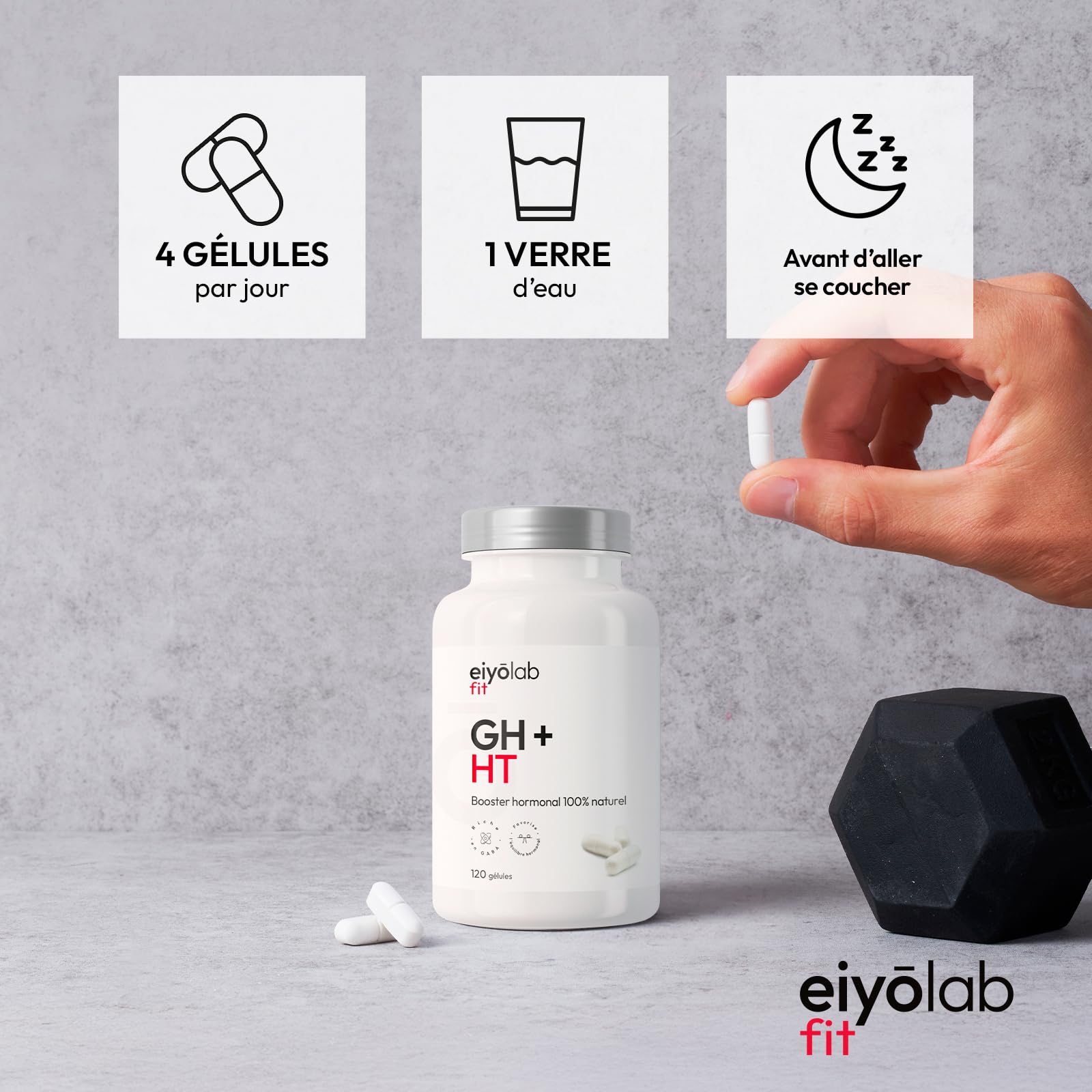 GH + HT | Booste Naturellement la Production d’Hormone de Croissance | Arginine, Gaba, Ornithine & Melisse | Construction Musculaire et Qualité du Sommeil | Vitamine B6 | 120 Gélules Vegan | Eiyolab