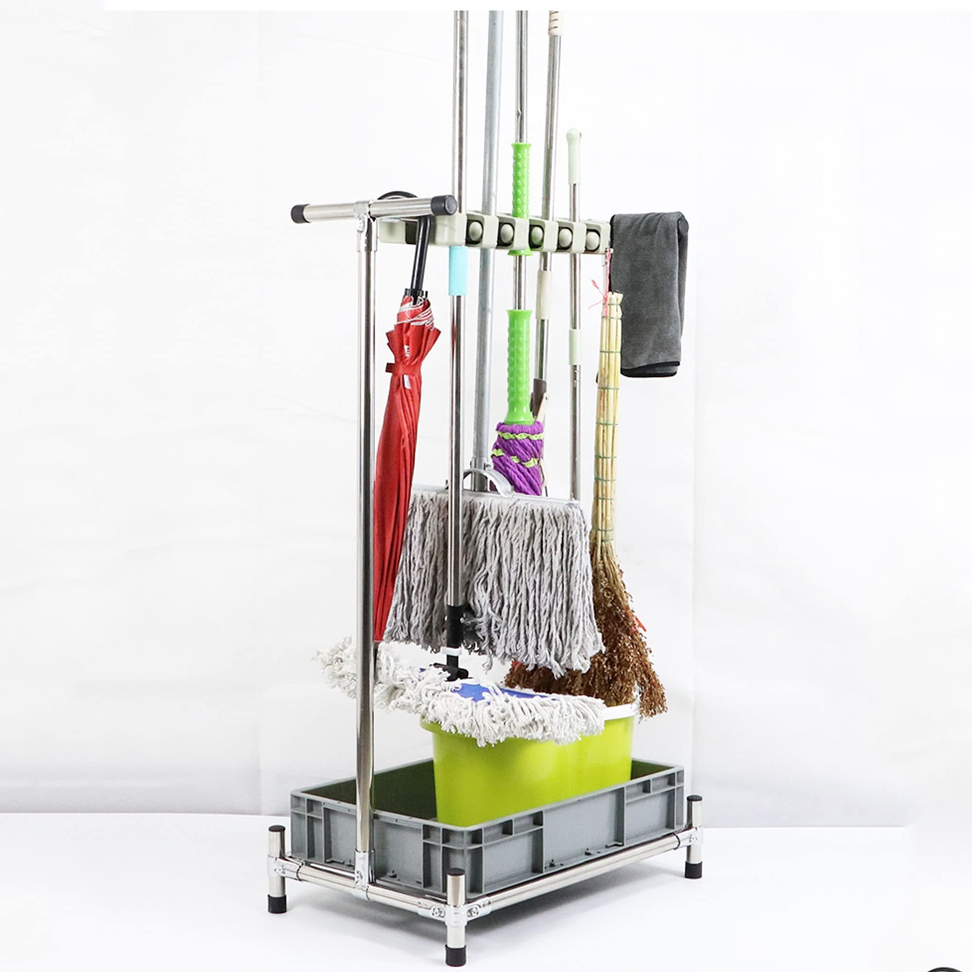 AYCDL Movable Broom And Mop Holder,Commercial Stainless Steel Mop Rack, Cleaning Supplies Organizer,Floor-Mounted Mop Drain Rack with Tray,Umbrella Stand,Garden Tool
