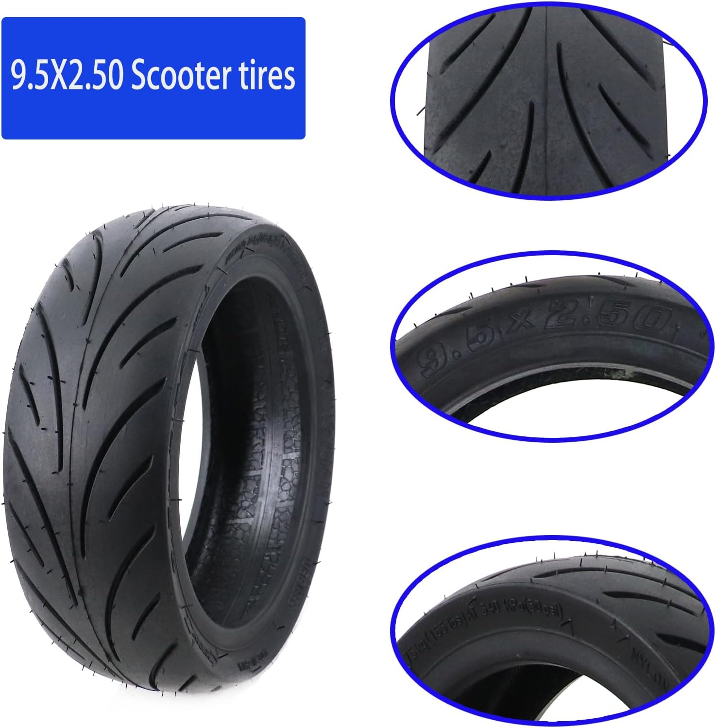 2-pack 9.5 x 2.50 Off-Road Tubeless Tire 9.5 Inch with Inflatable Valve Front/Rear Wheel Replacement, Non-Slip, Shockproof Scooter Wheel for NIU KQi3/Pro/Max Electric Scooter Wheel