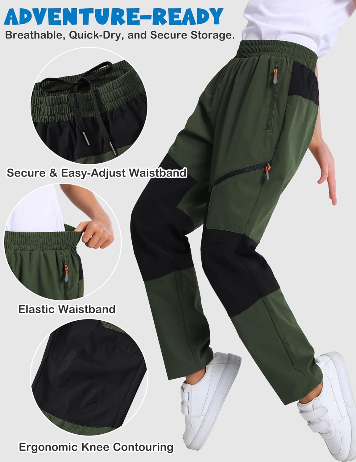Boys Cargo Hiking Pants Joggers Pants Youth for Kids Quick Dry Lightweight Outdoor Sports with Zipper Pockets