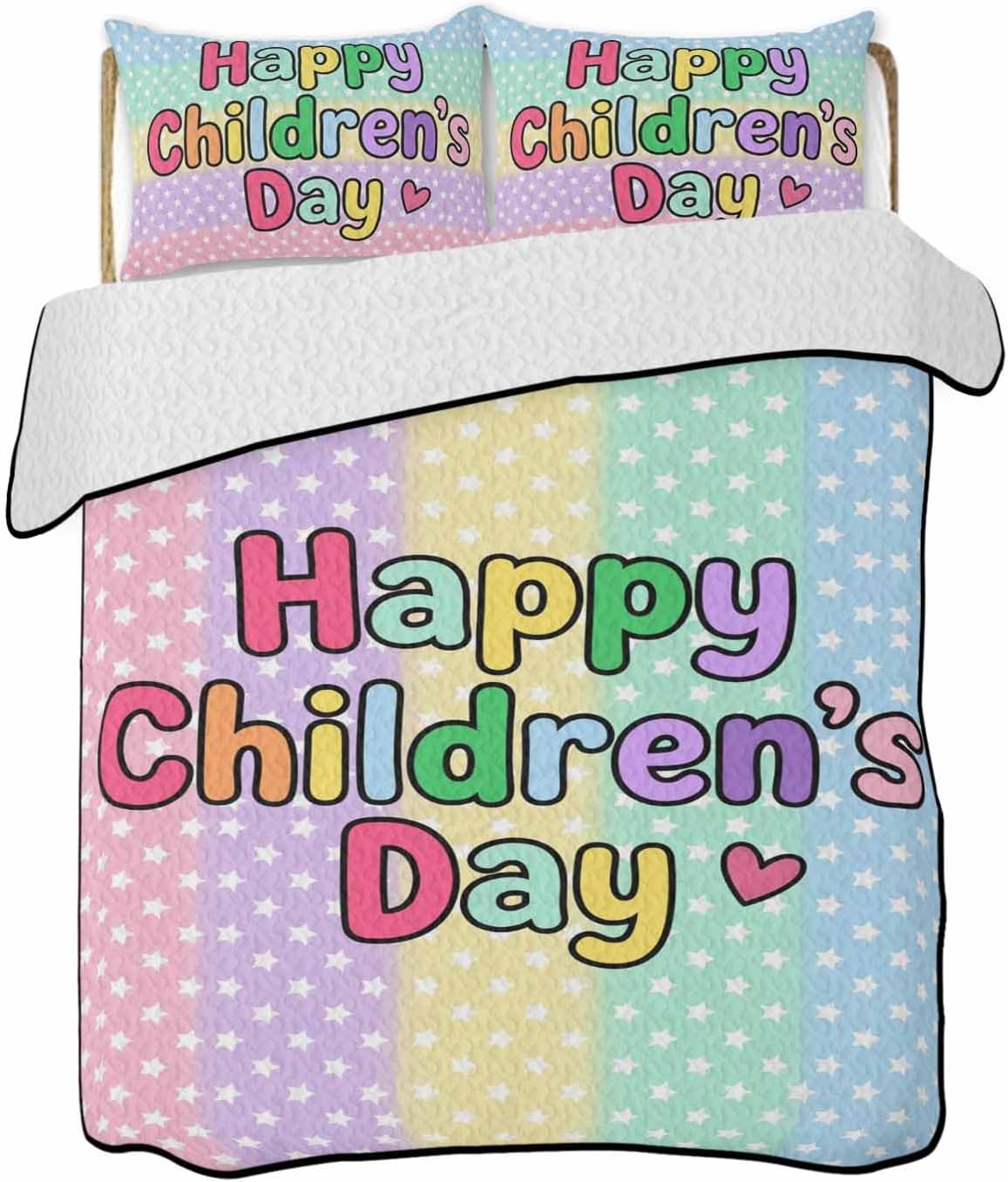 Twin XL Quilt Bedding Set, Colorful Striped Lightweight Summer Quilt 3 Pieces Bedding Sets, Children's Day Cute Stars Stripes Reversible Soft Bedspreads Coverlets with 2 Pillow Shams for All Season