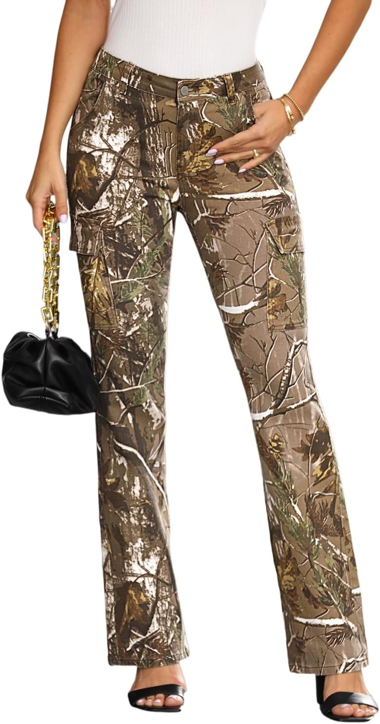 Women Camo Print Bootcut Jeans Mid Waisted Camouflage Cargo Slim Stretch Flare Denim Pant with Flap Pockets