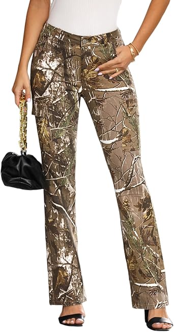 Women Camo Print Bootcut Jeans Mid Waisted Camouflage Cargo Slim Stretch Flare Denim Pant with Flap Pockets