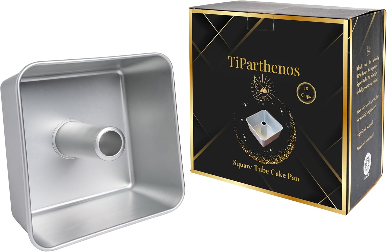 One-Piece Square Tube Cake Pan, 18 Cup, Anodized Aluminum, 9 x 9 x 4.5 in, Seamless Design, Easy Release, Even Heat, for Angel Food, Chiffon, Sponge, Mile High & Pound Cakes