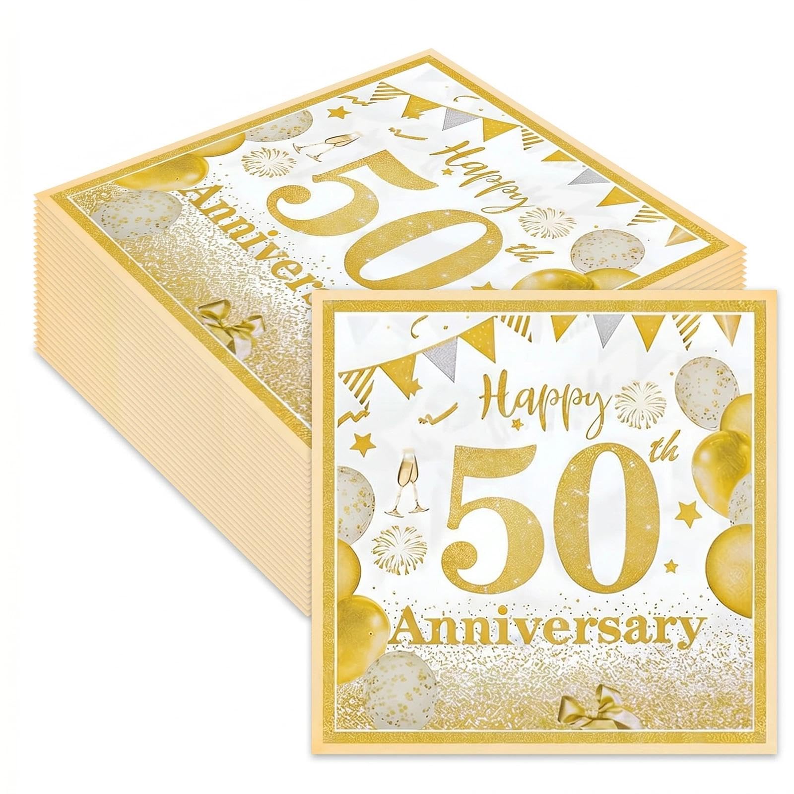 Happy 50th Wedding Anniversary Party Napkins, 40Pcs Gold 50th Birthday Decorations, Disposable Gold 33x33cm Paper Serviettes Napkins for Milestone Anniversary Celebration Decorations