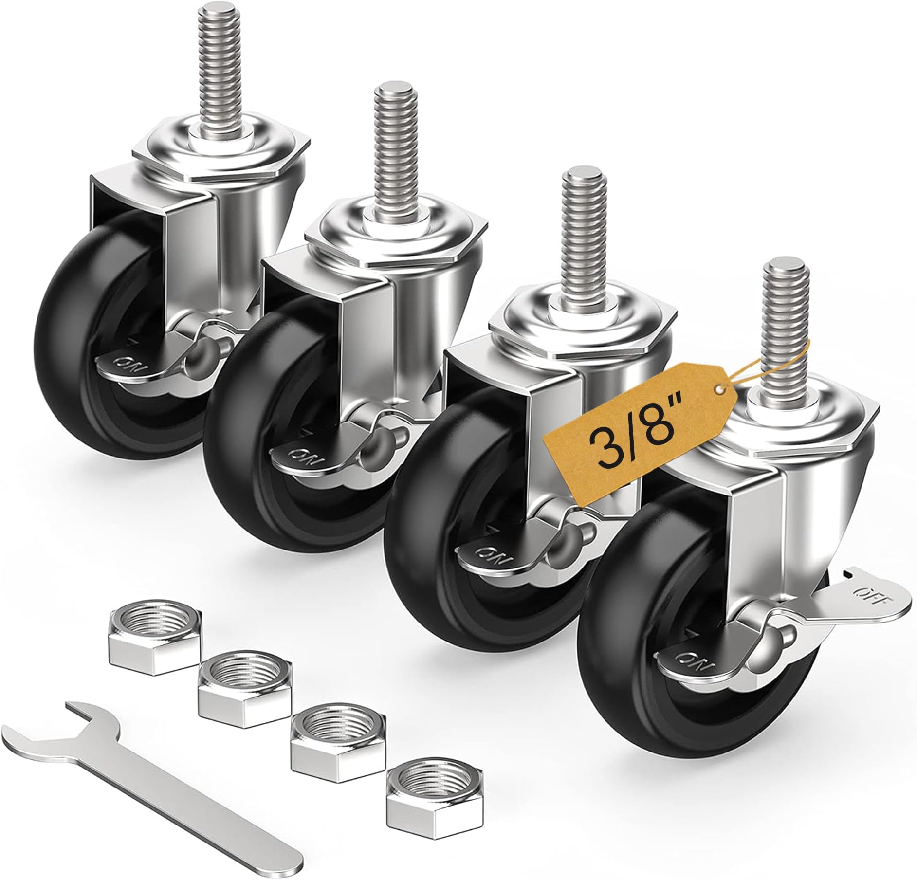 HOLKIE Caster Wheels 3 inch Locking Stem Casters, 3/8" -16 x 1-1/2" (Stem Diameter 3/8", Stem Length 1-1/2") Threaded Stem Casters Swivel Casters Set of 4 Heavy Duty Castors Black