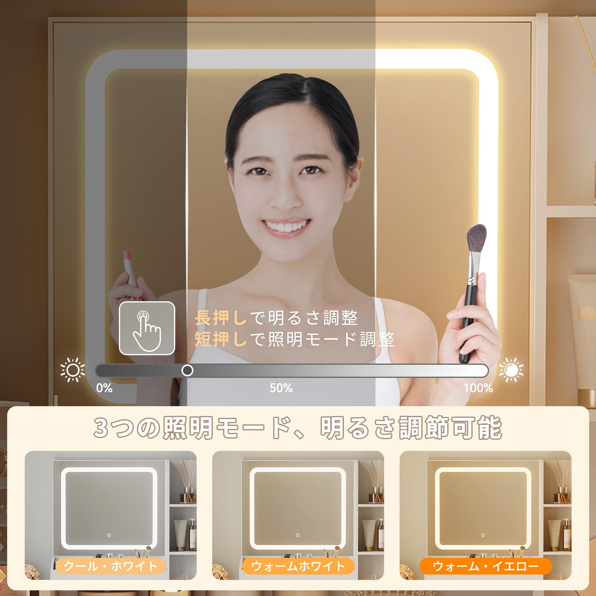 3 色 LED ライトと多機能収納を備えたコンパクトな白い化粧台。 楽天市場】ドレッサー コンパクト 3色 LEDライト ミラー 幅94cm