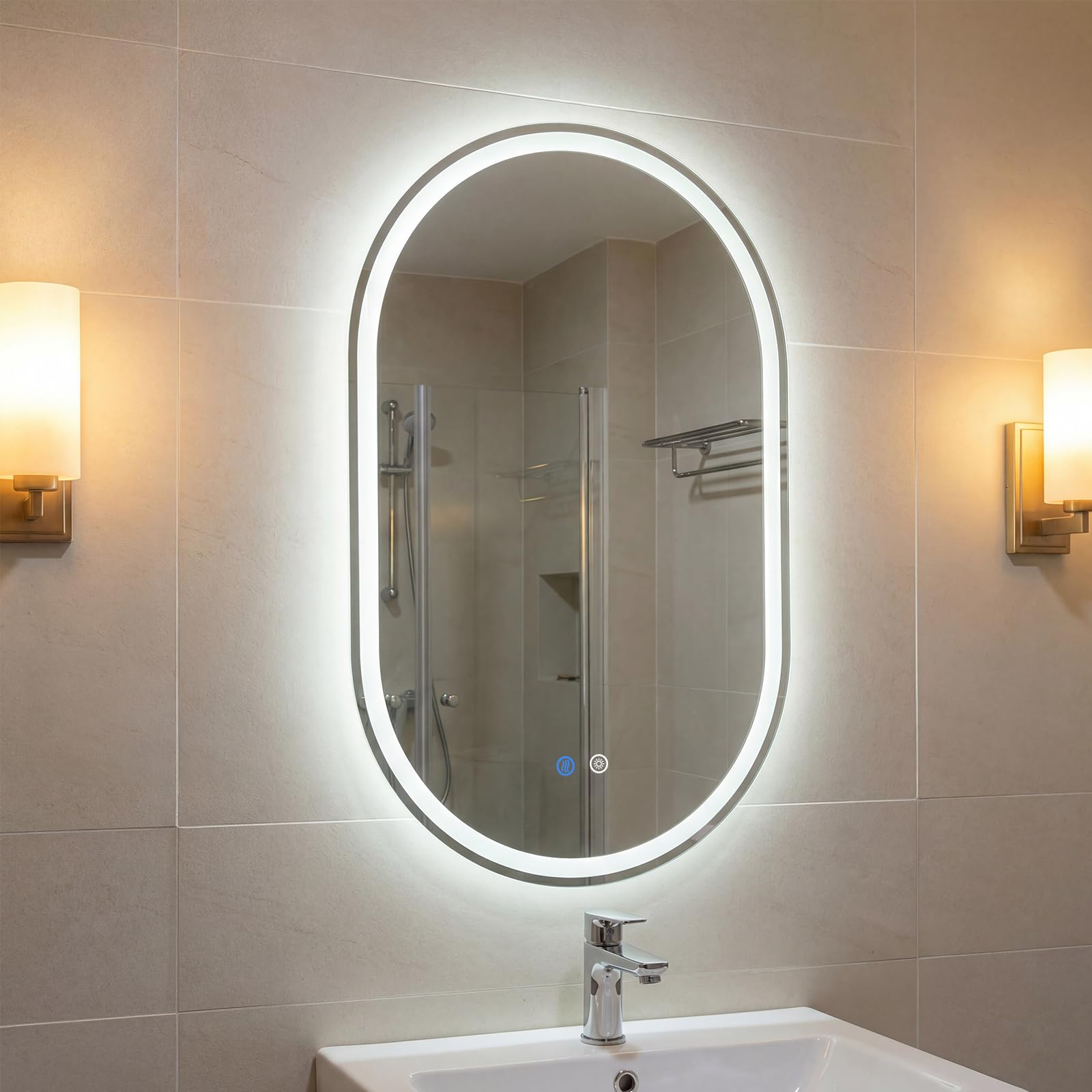 COSTWAY Espejo de Baño Iluminado con LED, Espejo Ovalado sin Marco Resistente a Roturas, Temperatura de Color Regulable en 3 Modos, con Interruptor Táctil, Función Antivaho (80 x 50 cm)