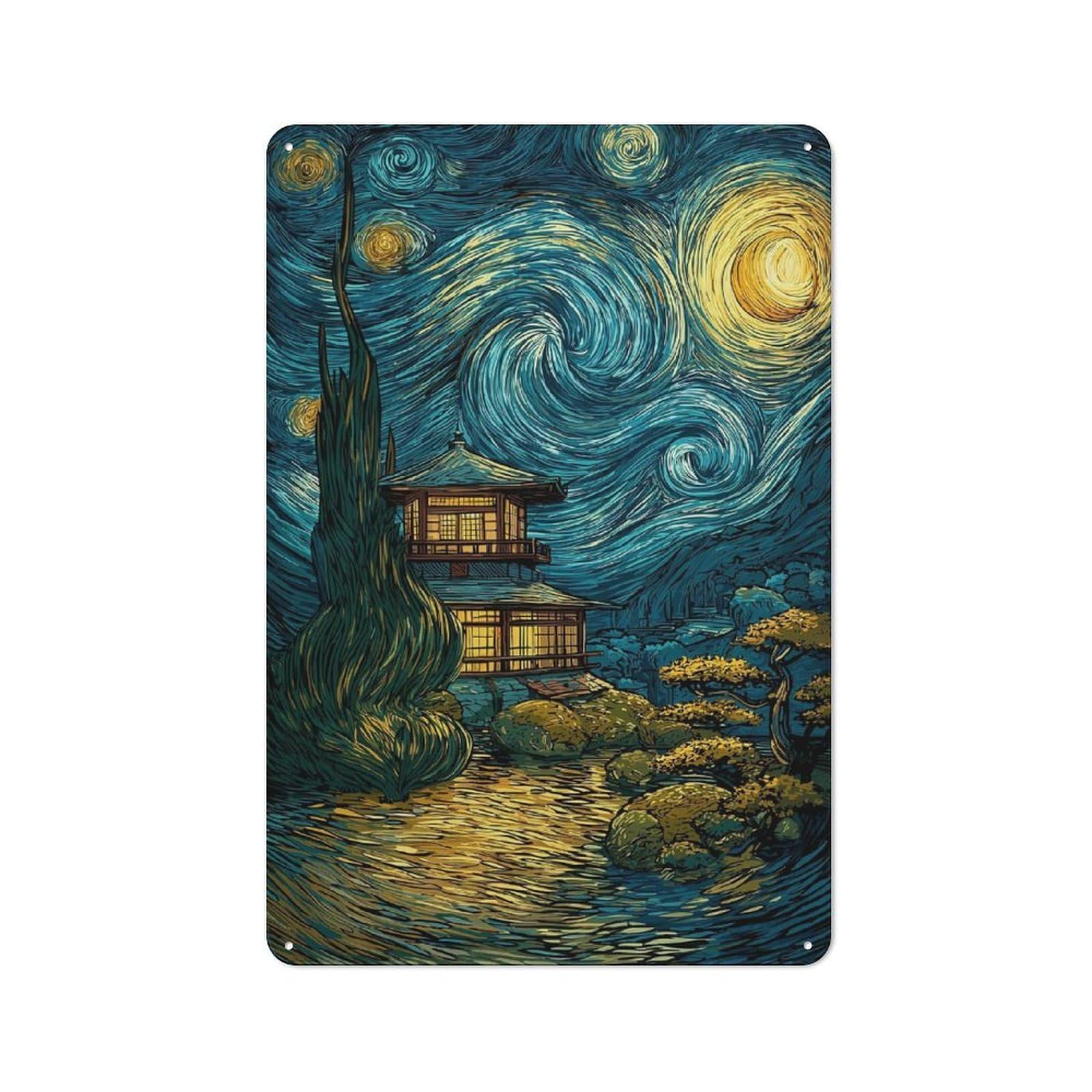 Junmoney Style-2 Japanese Temple Under Starry Night Sky Tin Wall Plaque 30X20cm, Barn Style Rustic Kitchen Decor For Farmhouse Kitchen, Pantry Or Dining Area
