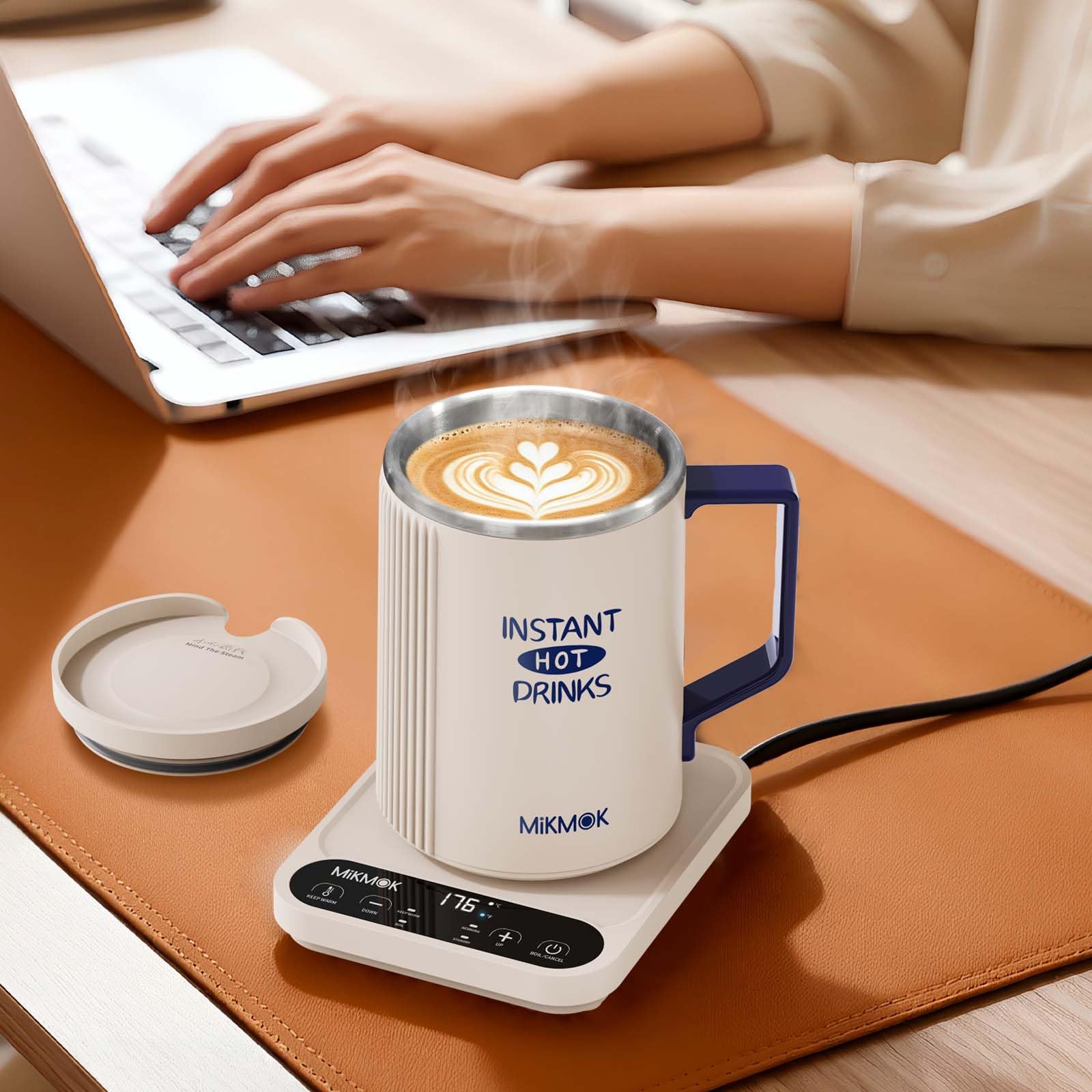 MIKMOK Taza calentadora eléctrica 400ml 300W Acero 304 | Temp. regulable 40–100 °C, display LED, mantiene calor 4h, compacta para oficina y residencias