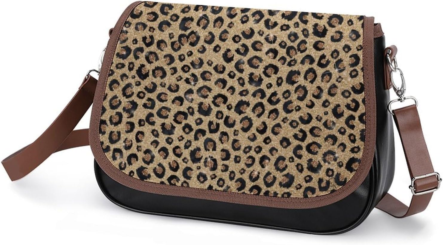Gold Glitter Black LeopardWomen's Faux Leather Crossbody Bag, Waterproof Wrinkle-Resistant Shoulder Bag with Detachable Strap, Large Capacity Casual Handbag, Fashion Daily Purse for Shopping Work Dati