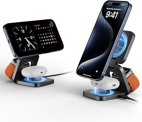 LULULOOK Cargador inalámbrico 3 en 1, estación de carga plegable de 15 W, cargador rápido Mag-Safe para Apple 15 14 13 12, 5 W para Apple Watch,