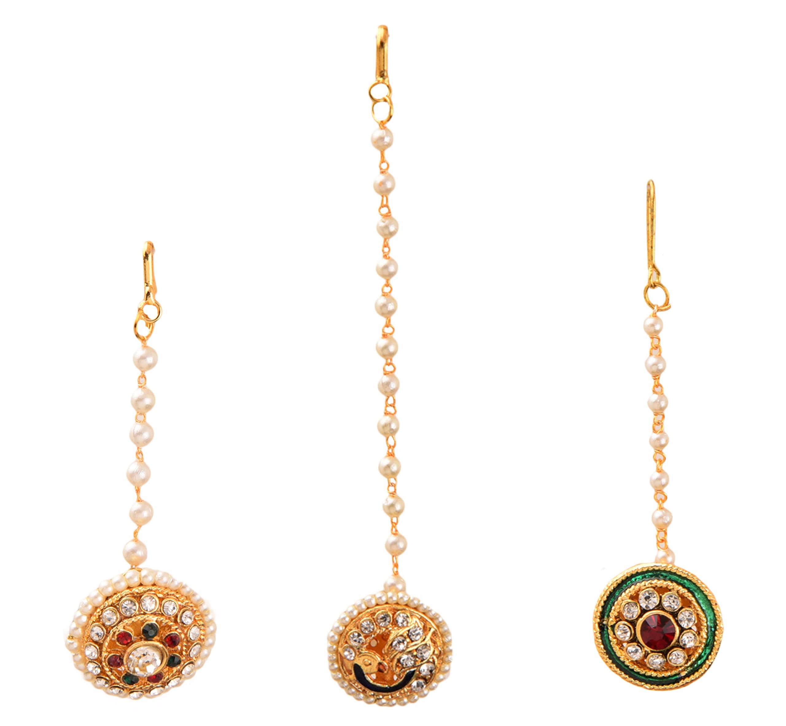 Traditional Stylish Rajasthani Gold Plated BOR Maang Tikka | Head Chain | Studded Multi-Color | Borla in Minakari and Kundan for Women and Girls Pack of 3-image-27