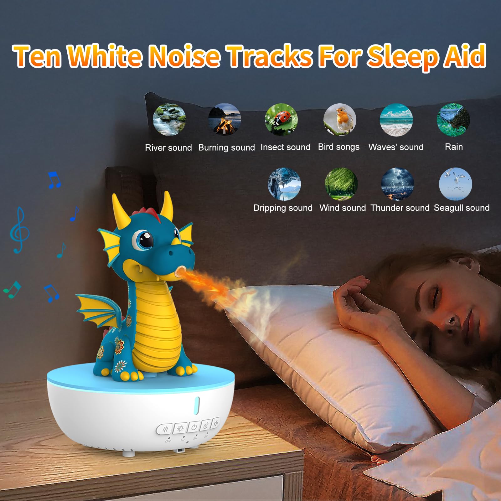 Diffusore Aromi con Suono Bianco, Umidificatore 200 ml con Telecomando e Timer 1/3/6h, Diffusore di Oli Essenziali per Camera da Letto,Drago Sputafuoco - Umidificatore Ambiente Bambini (Blu)